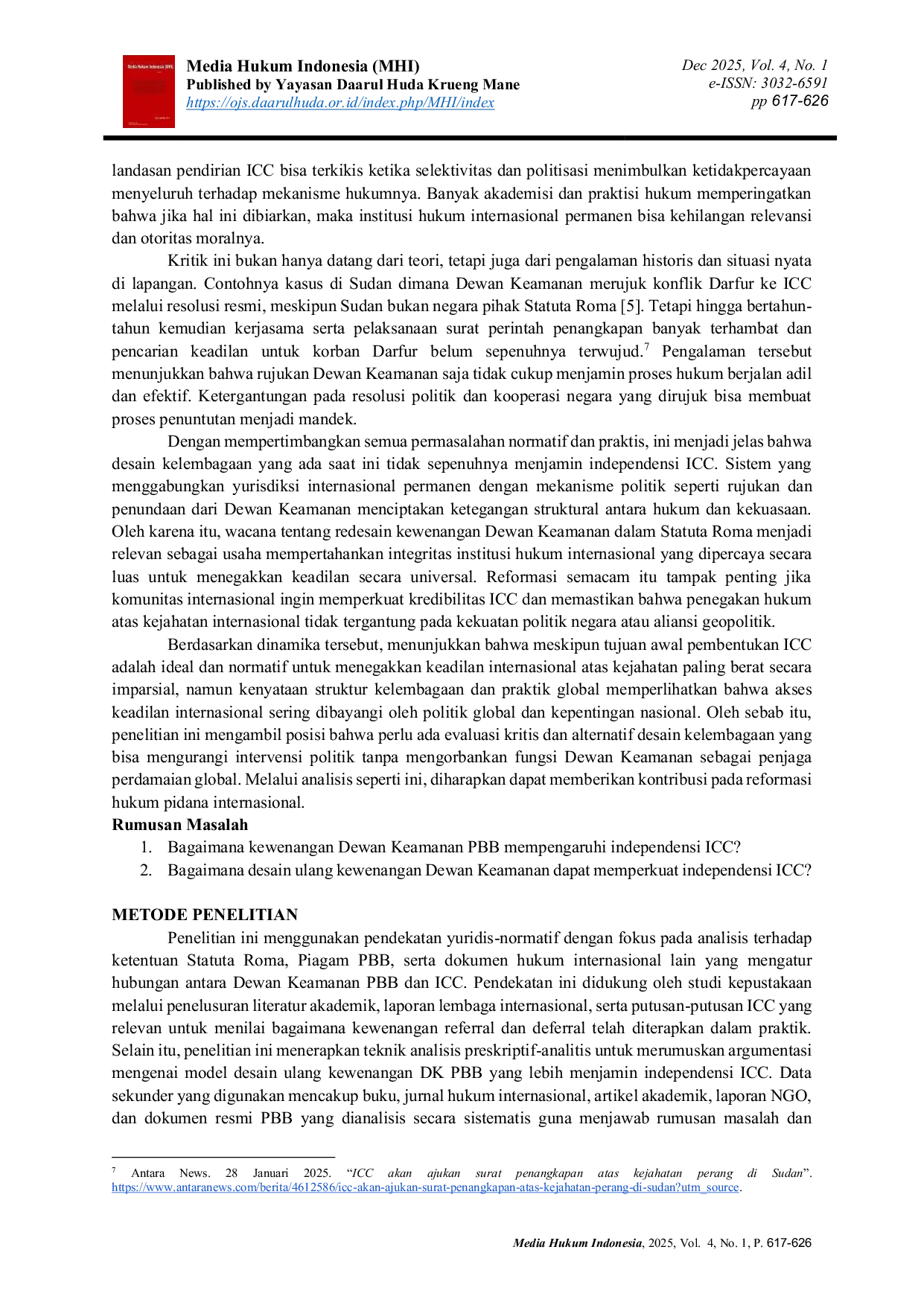 JURIS Redesain Kewenangan Dewan Keamanan PBB dalam Statuta Roma sebagai Upaya Penguatan Independensi ICC