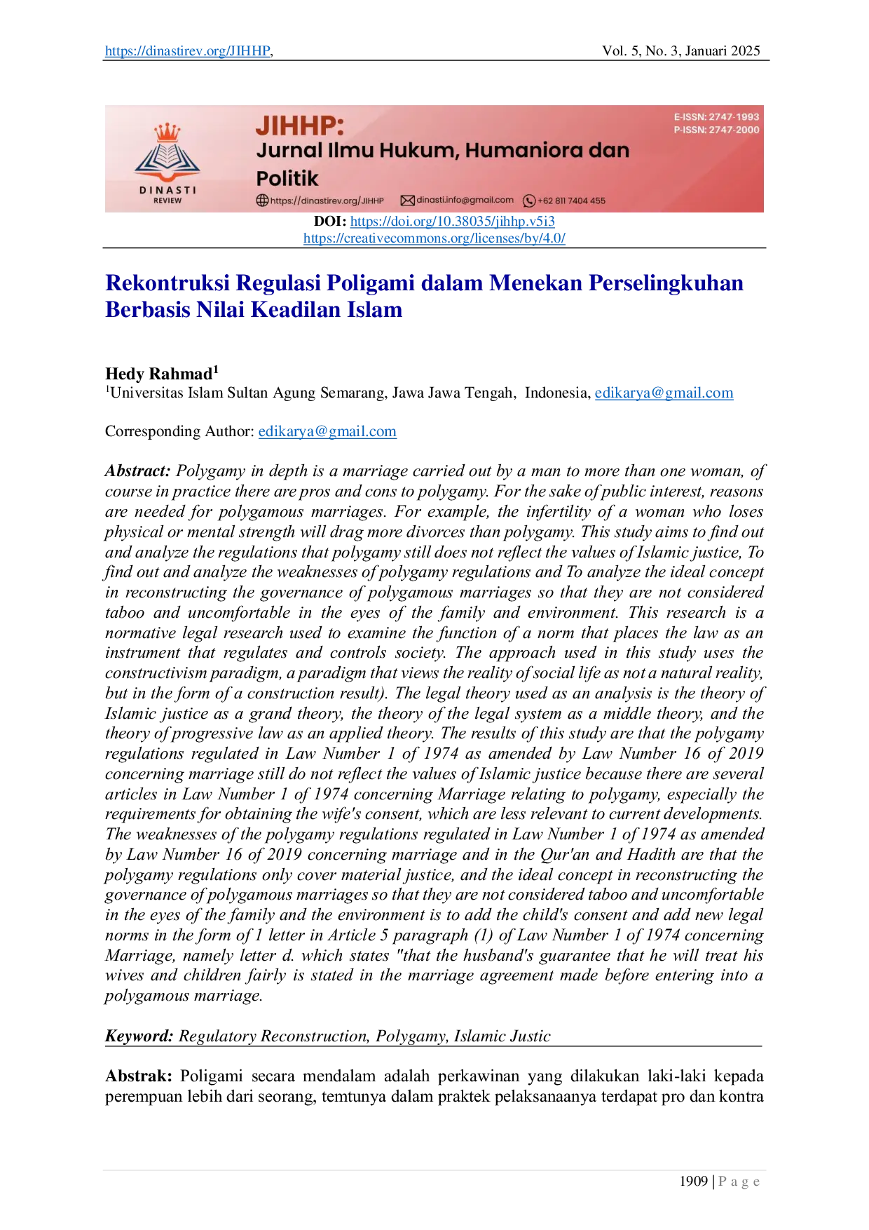 JURIS Rekontruksi Regulasi Poligami dalam Menekan Perselingkuhan Berbasis Nilai Keadilan Islam