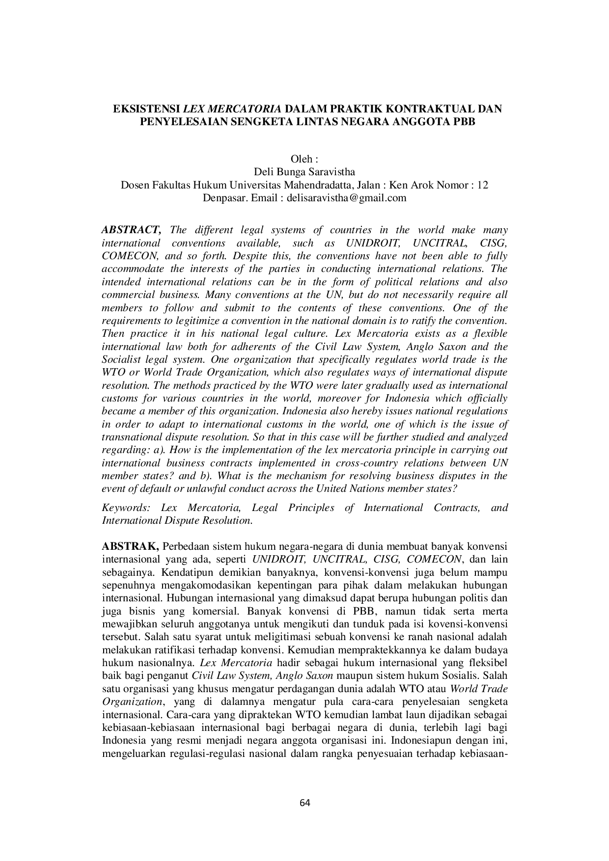 JURIS EKSISTENSI LEX MERCATORIA DALAM PRAKTIK KONTRAKTUAL DAN PENYELESAIAN SENGKETA LINTAS NEGARA ANGGOTA PBB