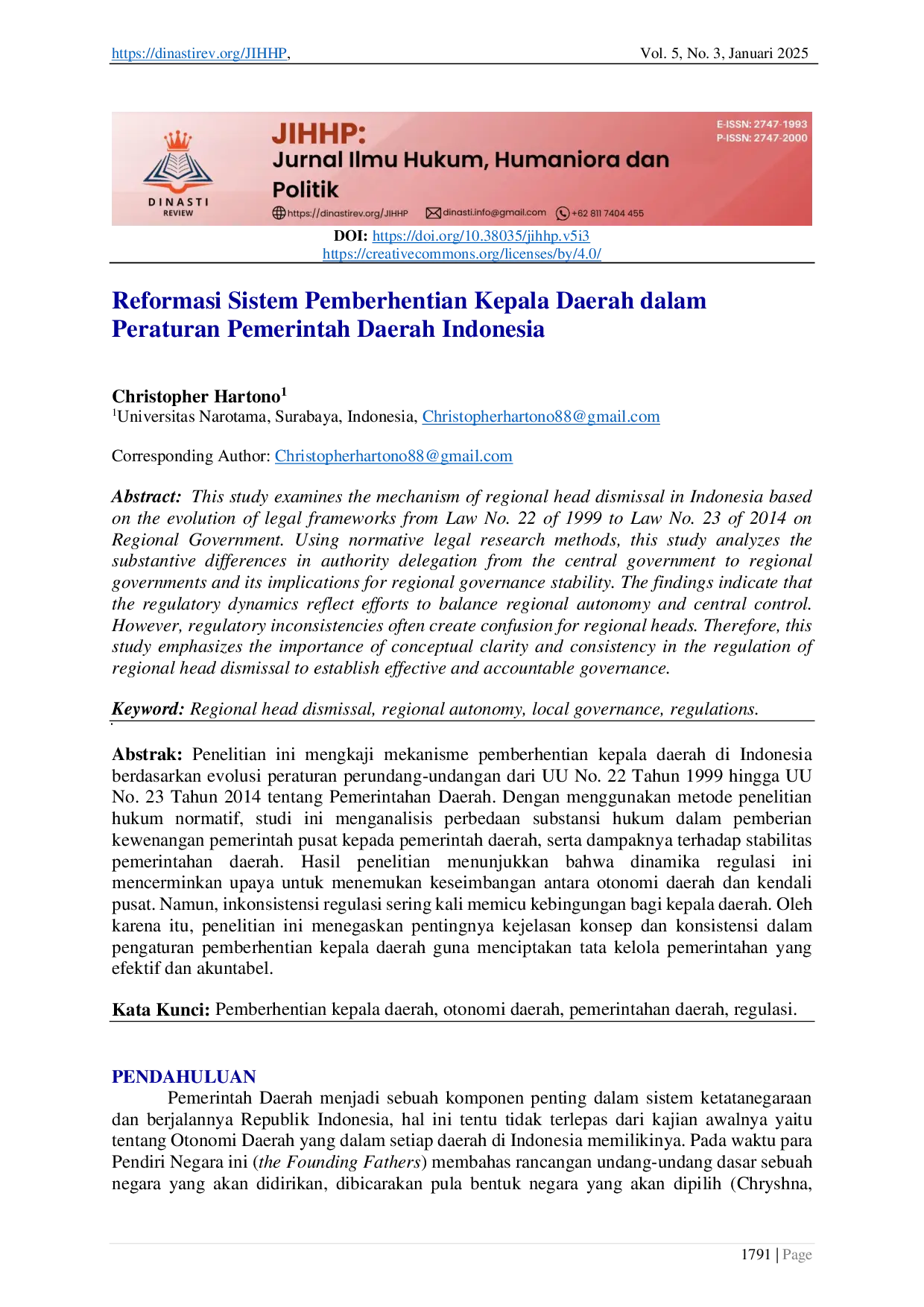 JURIS Reformasi Sistem Pemberhentian Kepala Daerah dalam Peraturan Pemerintah Daerah Indonesia