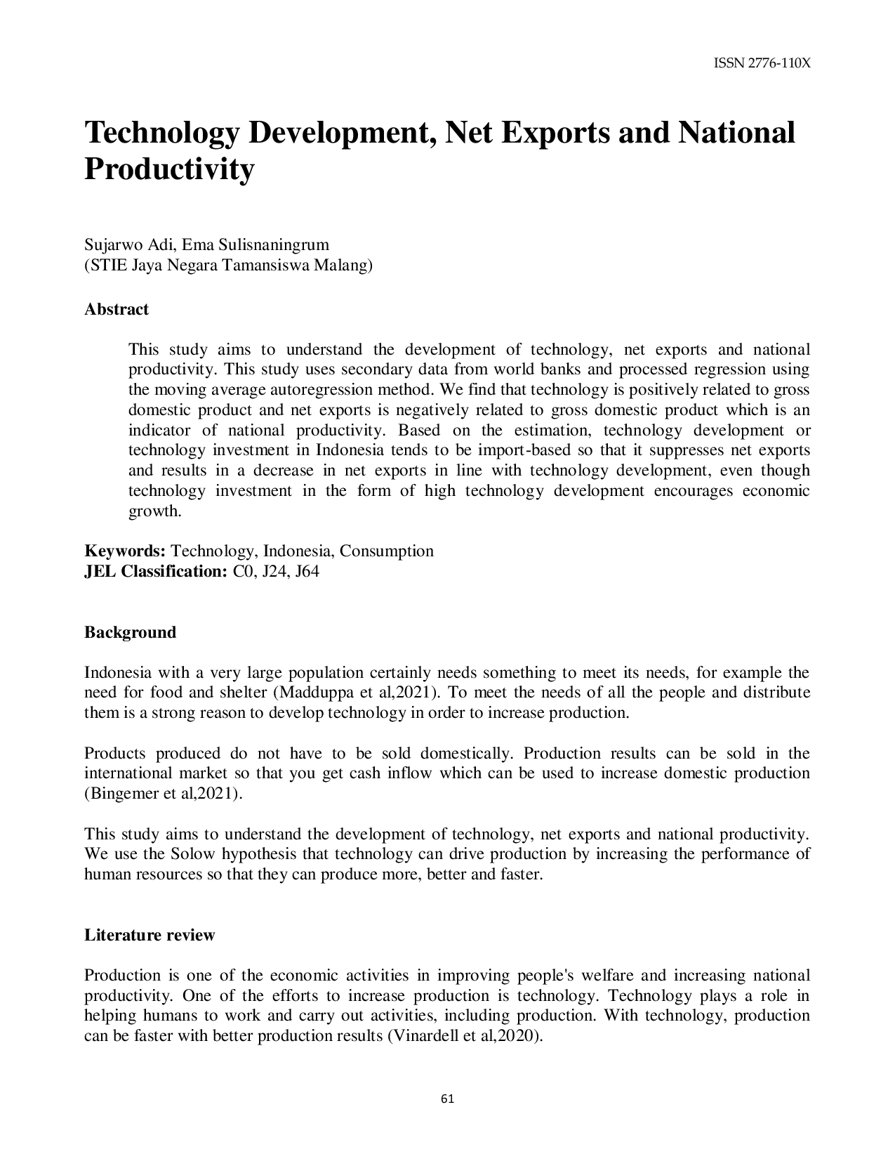 JURIS Technology Development Net Exports and National Productivity