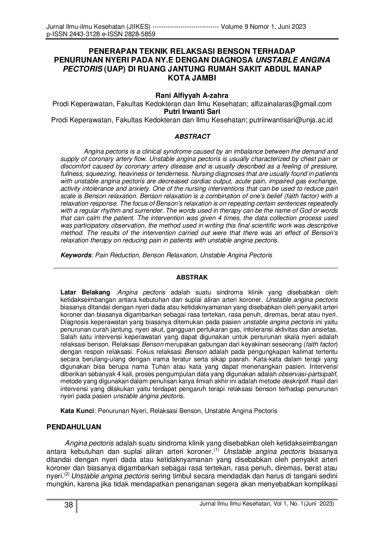 JURIS Penerapan Teknik Relaksasi Benson Terhadap Penurunan Nyeri Pada Ny E Dengan Diagnosa Unstable Angina Pectoris UAP Di Ruang Jantung Rumah Sakit Abdul Manap Kota Jambi