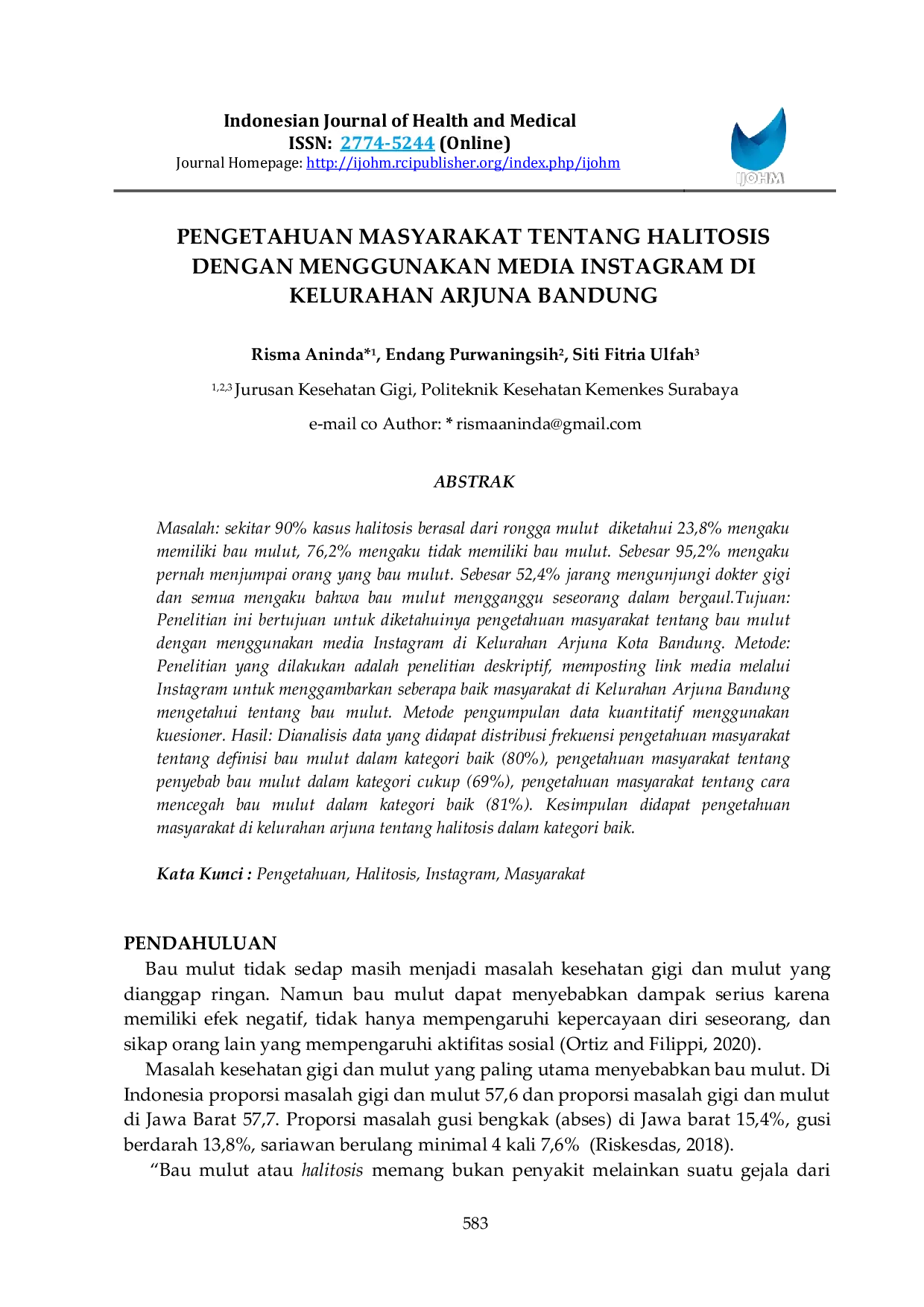 JURIS Knowledge of the Community About Halitosis Using Instagram in Arjuna Village Bandung