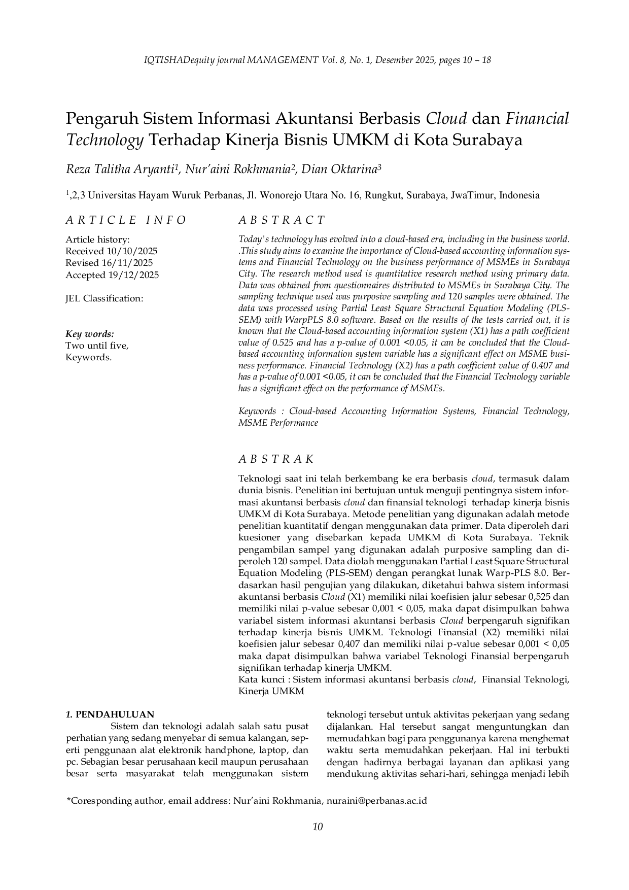 JURIS Pengaruh Sistem Informasi Akuntansi Berbasis Cloud dan Financial Technology Terhadap Kinerja Bisnis UMKM di Kota Surabaya