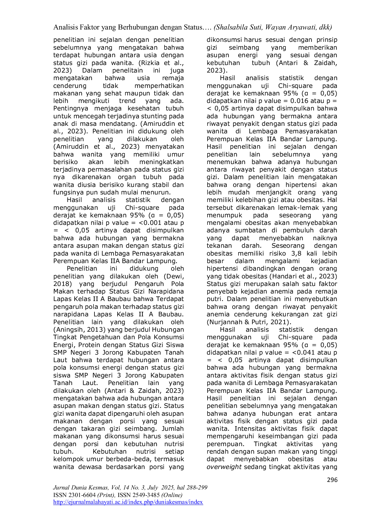 JURIS Faktor yang Berhubungan Dengan Status Gizi Wanita Berdasarkan IMT di LPP Kelas IIA Kota Bandar Lampung