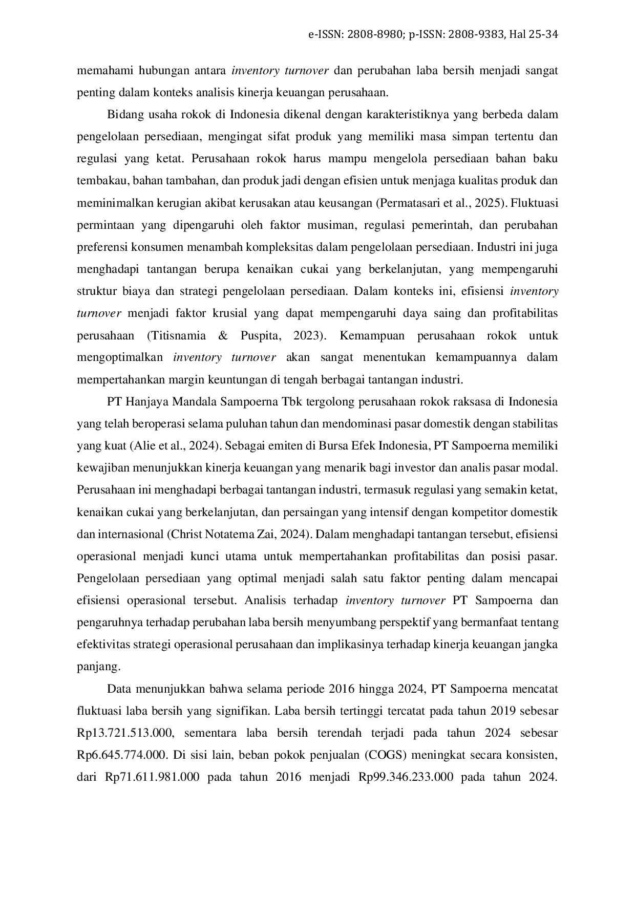 JURIS Pengaruh Inventory Turnover terhadap Perubahan Laba Bersih PT Sampoerna Periode 2016 2024