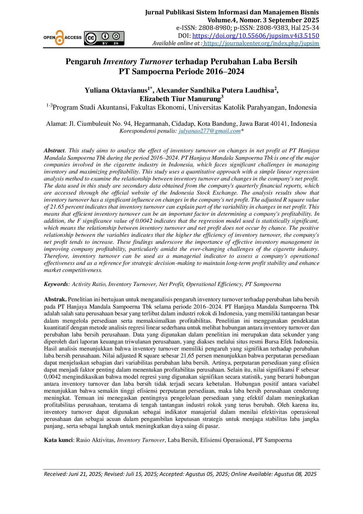 JURIS Pengaruh Inventory Turnover terhadap Perubahan Laba Bersih PT Sampoerna Periode 2016 2024