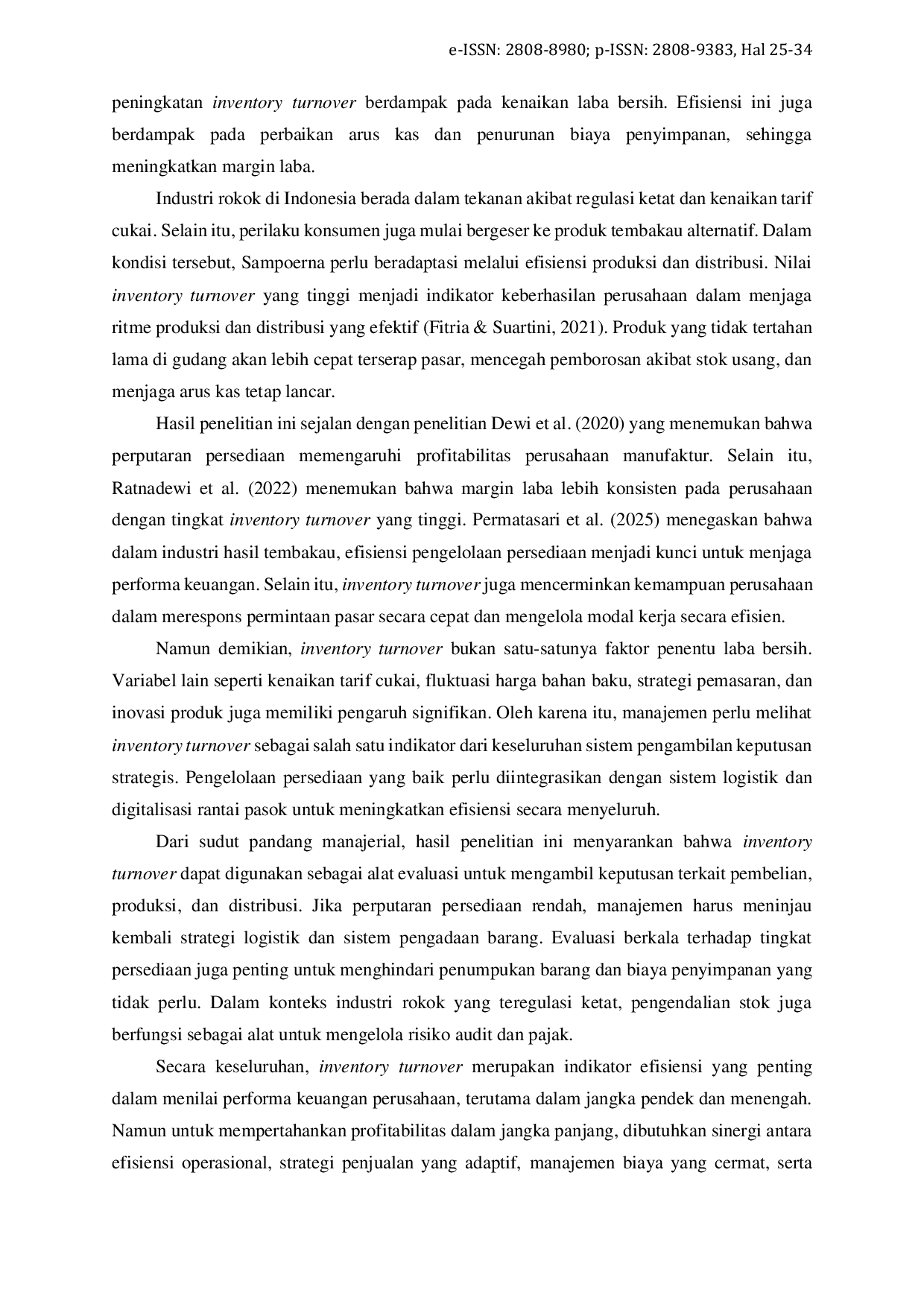 JURIS Pengaruh Inventory Turnover terhadap Perubahan Laba Bersih PT Sampoerna Periode 2016 2024