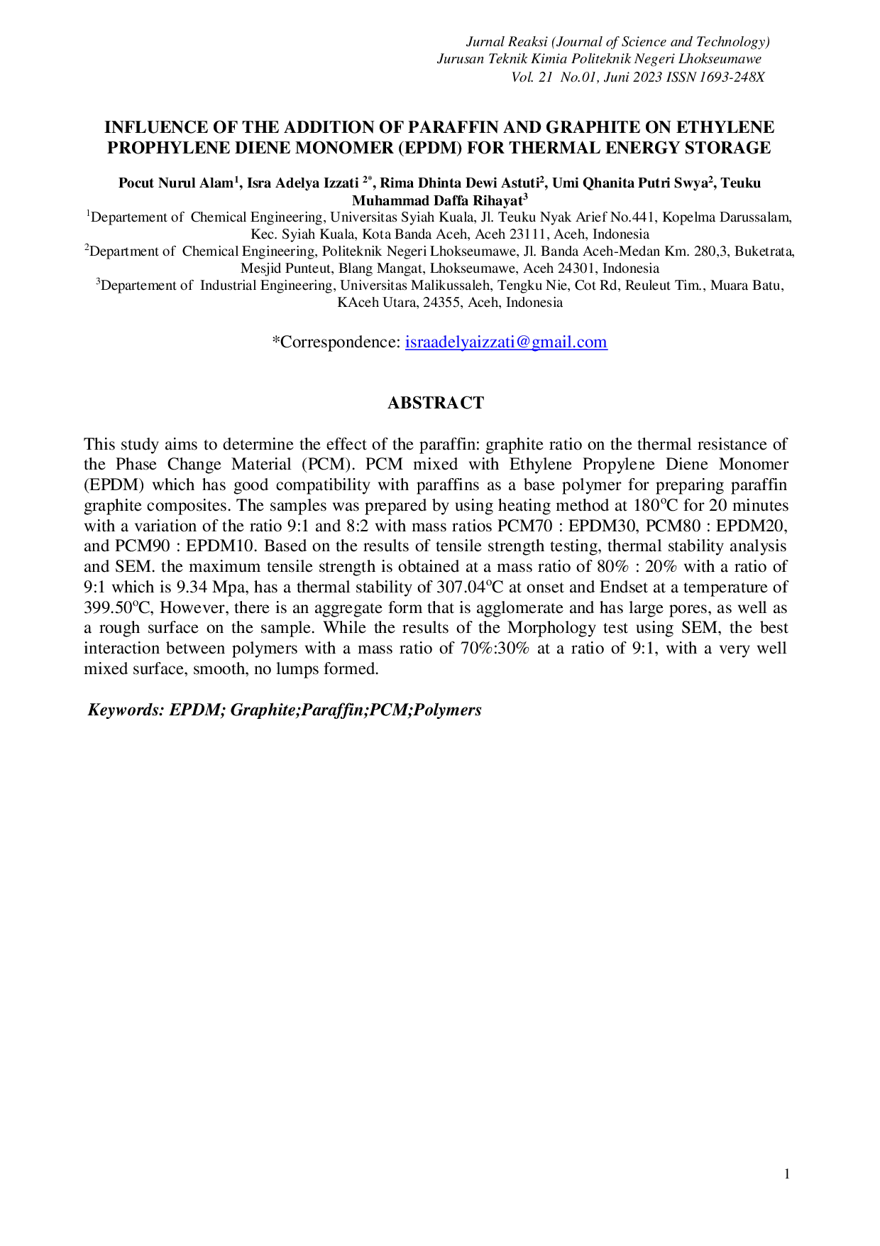 JURIS INFLUENCE OF THE ADDITION OF PARAFFIN AND GRAPHITE ON ETHYLENE PROPHYLENE DIENE MONOMER EPDM FOR THERMAL ENERGY STORAGE