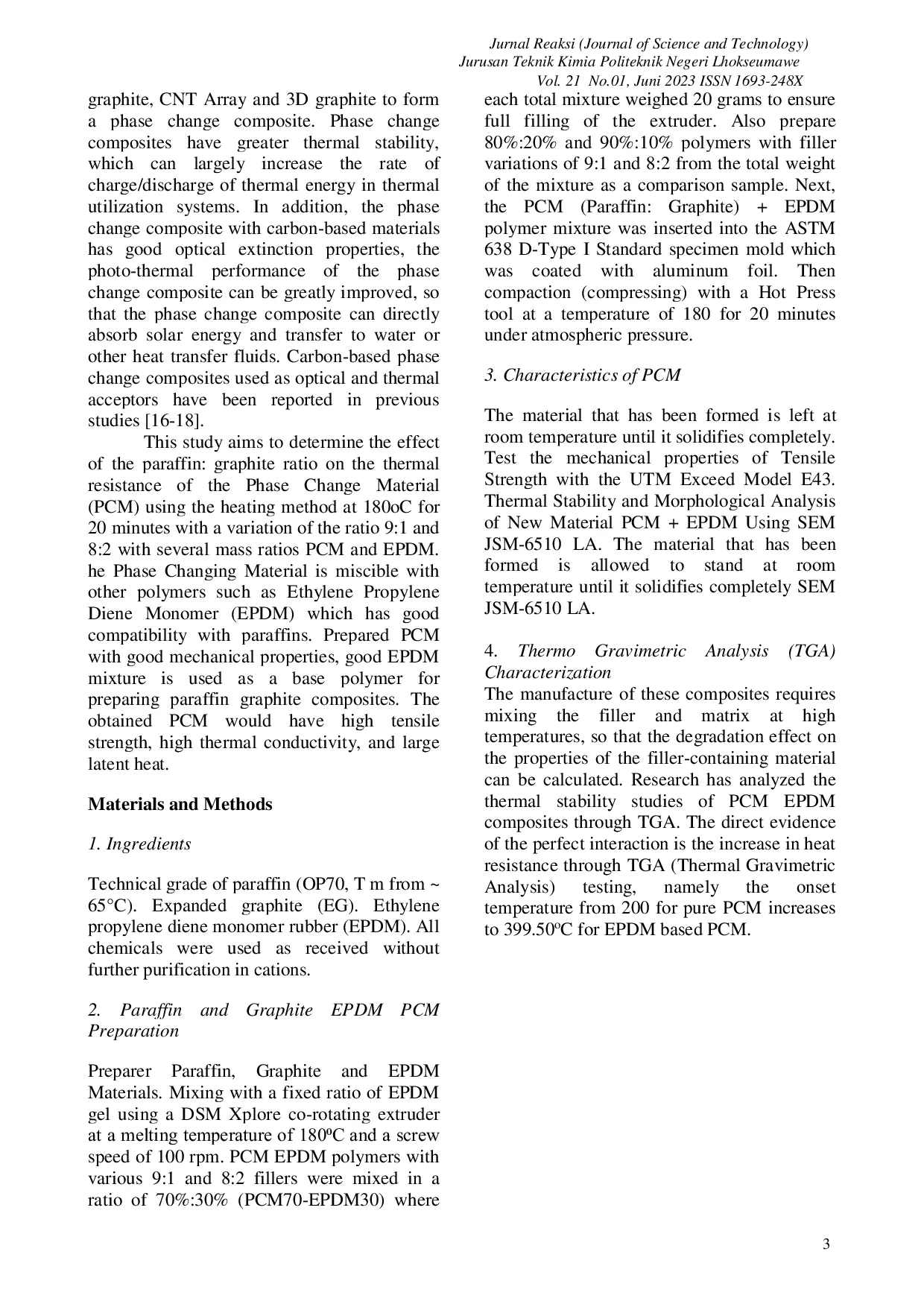 JURIS INFLUENCE OF THE ADDITION OF PARAFFIN AND GRAPHITE ON ETHYLENE PROPHYLENE DIENE MONOMER EPDM FOR THERMAL ENERGY STORAGE