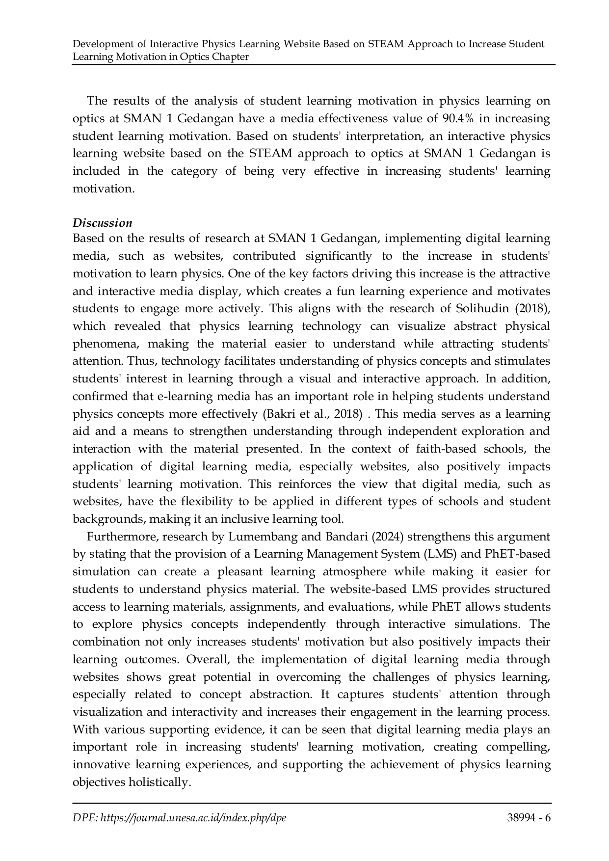 JURIS Development of Interactive Physics Learning Website Based On STEAM Approach to Increase Student Learning Motivation in Optics Chapter