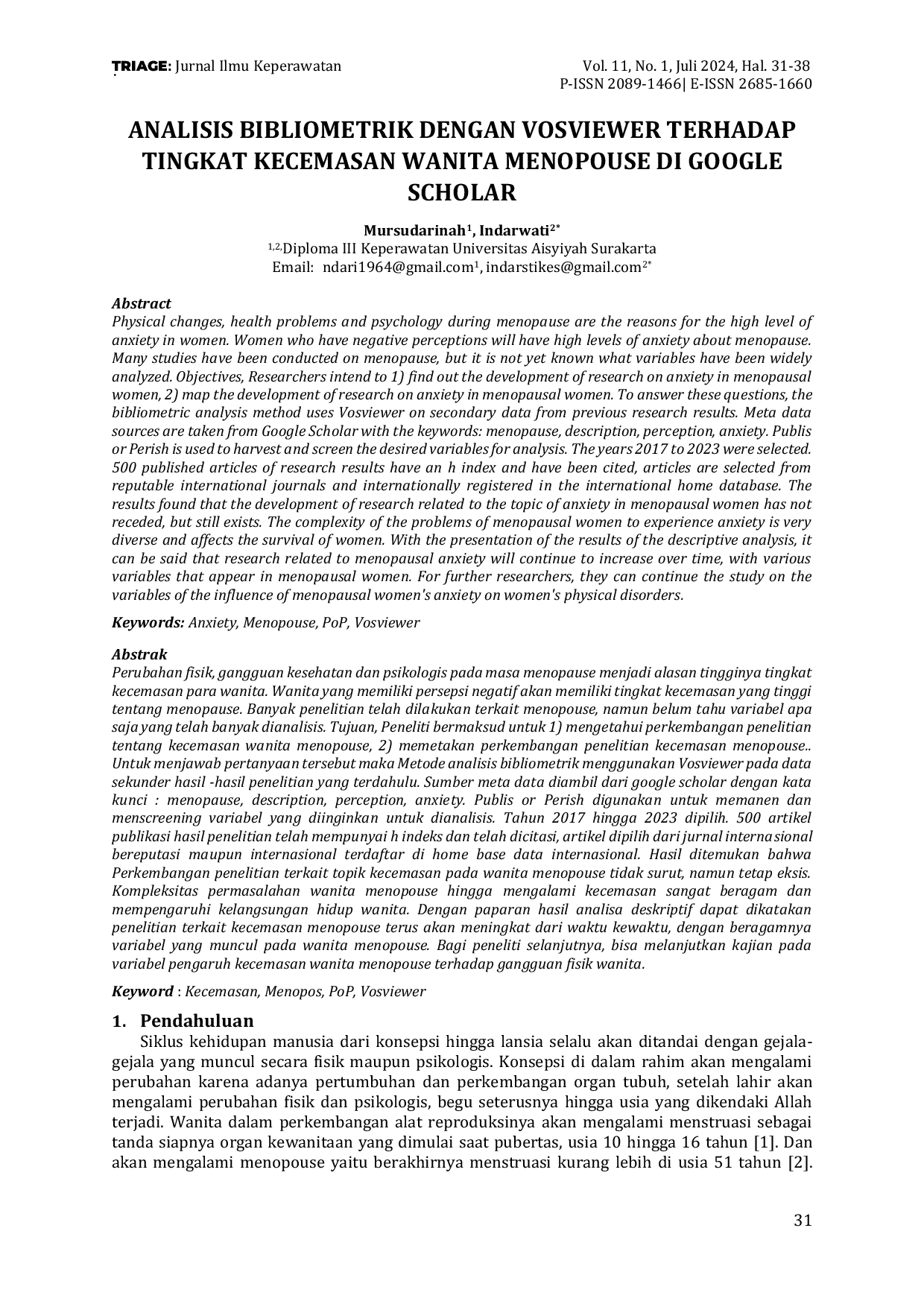 JURIS Analisis Bibliometrik dengan Vosviewer terhadap Tingkat Kecemasan Wanita Menopouse di Google Scholar