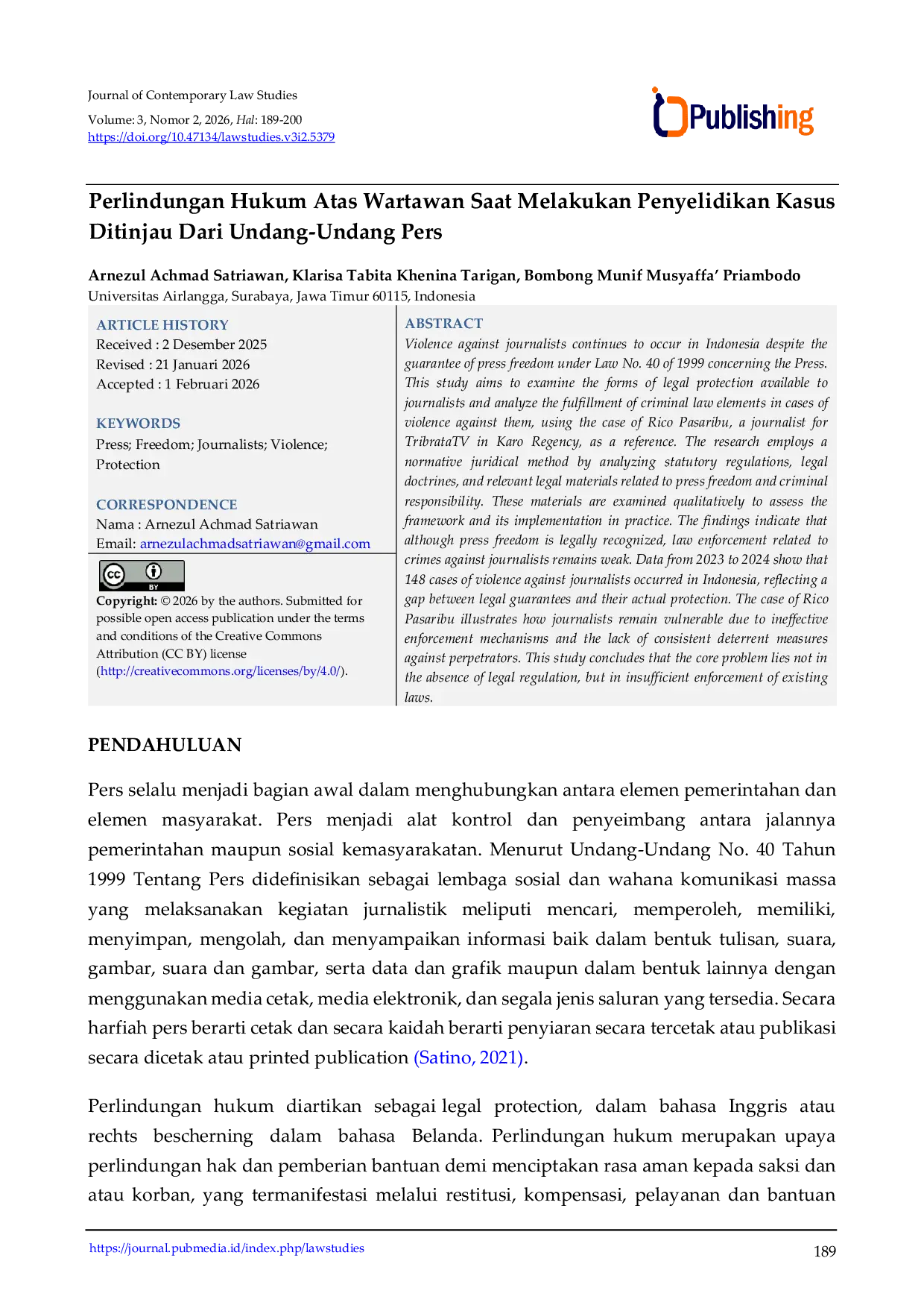 JURIS Perlindungan Hukum Atas Wartawan Saat Melakukan Penyelidikan Kasus Ditinjau Dari Undang Undang Pers