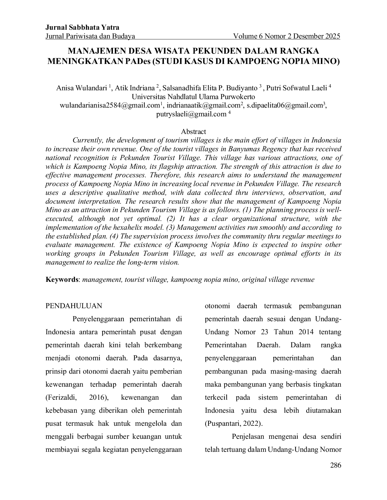 JURIS MANAJEMEN DESA WISATA PEKUNDEN DALAM RANGKA MENINGKATKAN PADes STUDI KASUS DI KAMPOENG NOPIA MINO