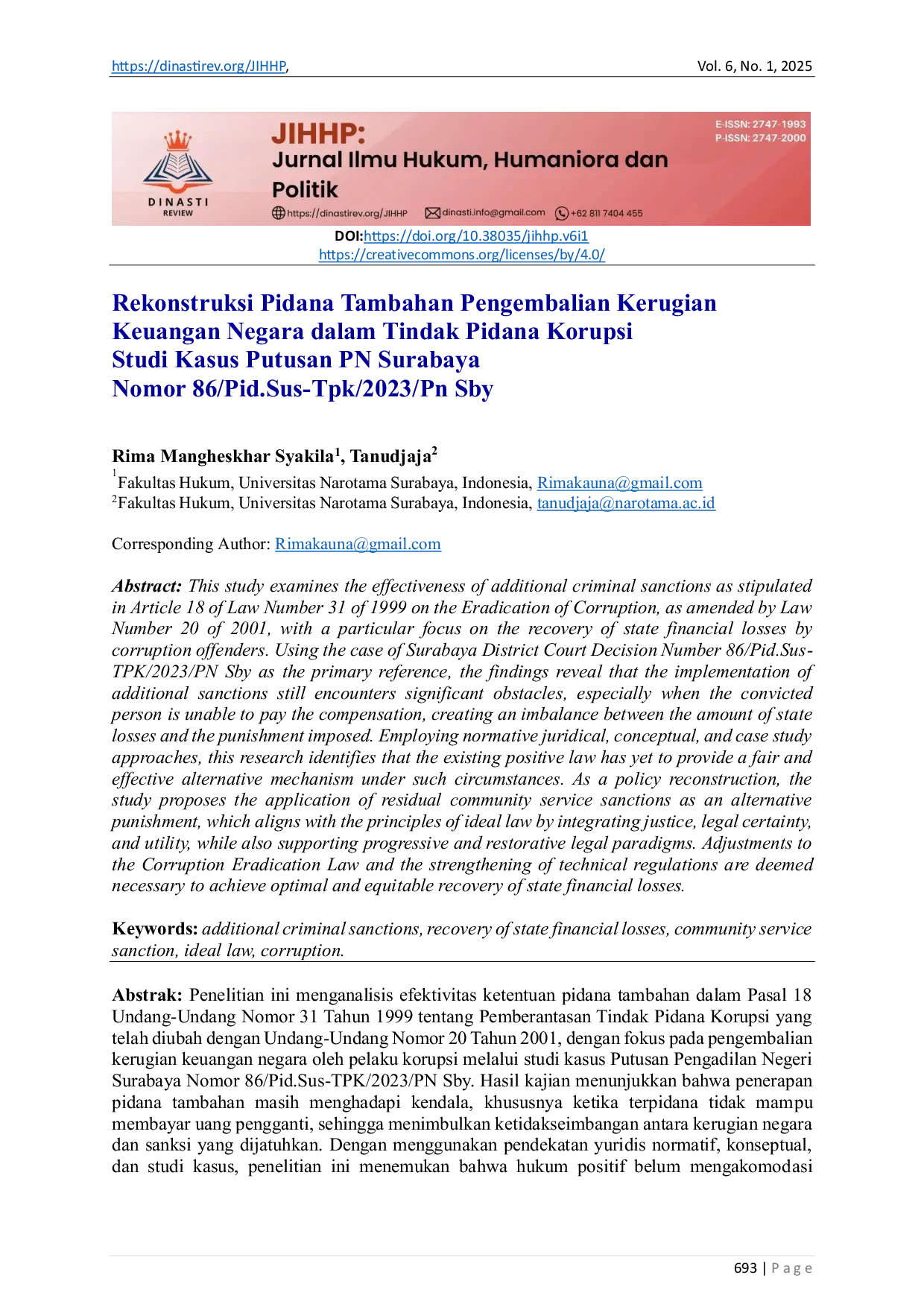 JURIS Rekonstruksi Pidana Tambahan Pengembalian Kerugian Keuangan Negara dalam Tindak Pidana Korupsi Studi Kasus Putusan PN Surabaya Nomor 86 Pid Sus Tpk 2023 Pn Sby