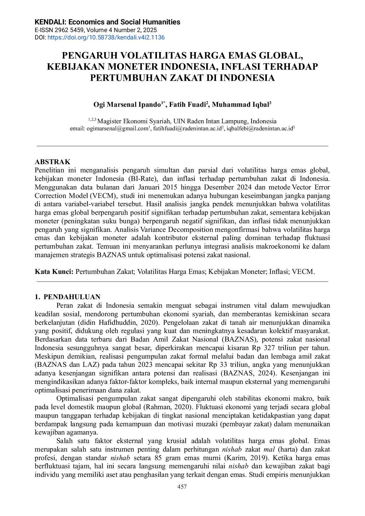JURIS Pengaruh Volatilitas Harga Emas Global Kebijakan Moneter Indonesia Inflasi Terhadap Pertumbuhan Zakat di Indonesia