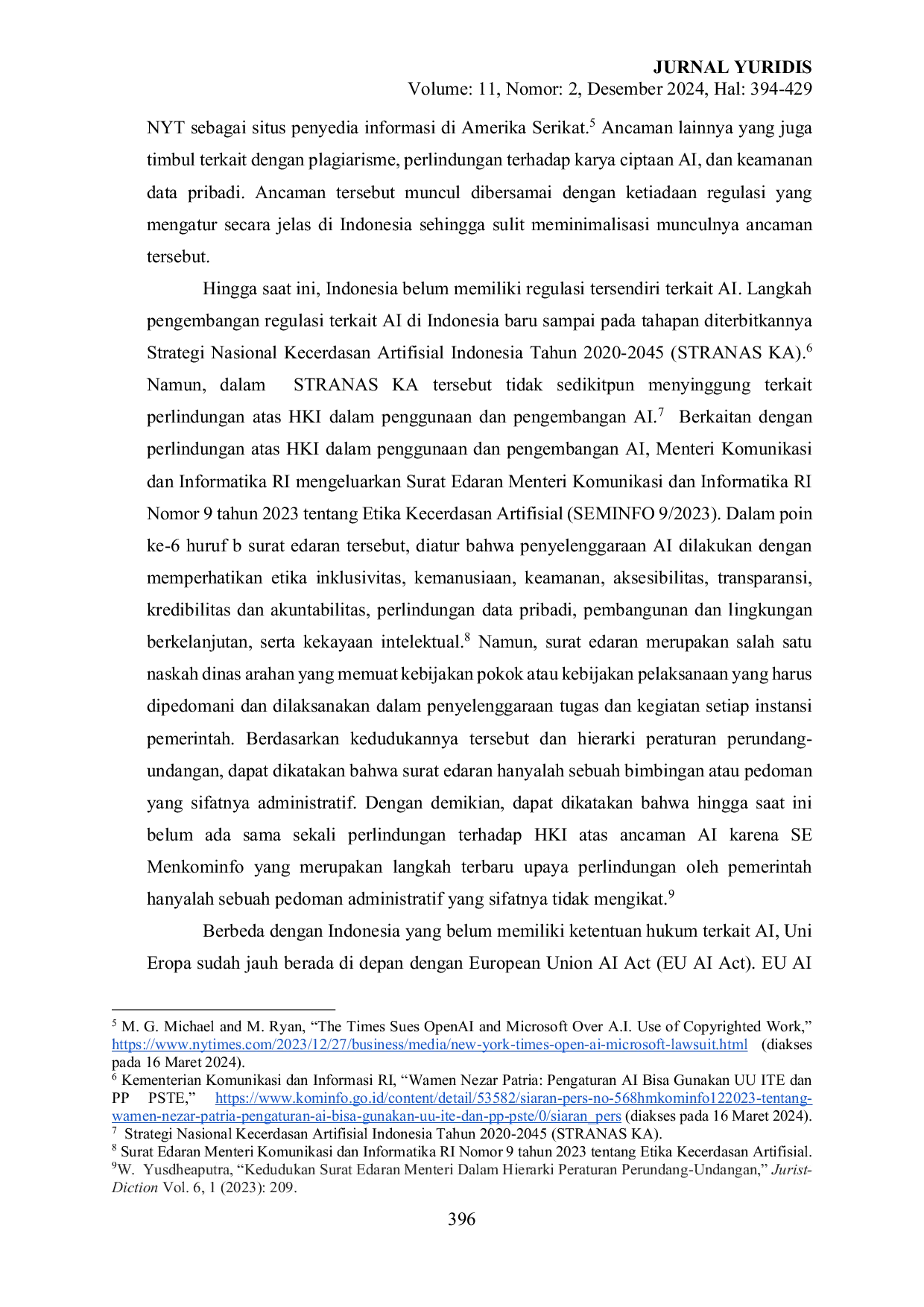 JURIS INTELLECTUAL PROPERTY RIGHTS AND ARTIFICIAL INTELLIGENCE MENYOAL KOMPARASI PERLINDUNGAN HAK ATAS KEKAYAAN INTELEKTUAL ANTARA EUROPEAN UNION ARTIFICIAL INTELLIGENCE ACT DAN HUKUM POSITIF INDONESIA P