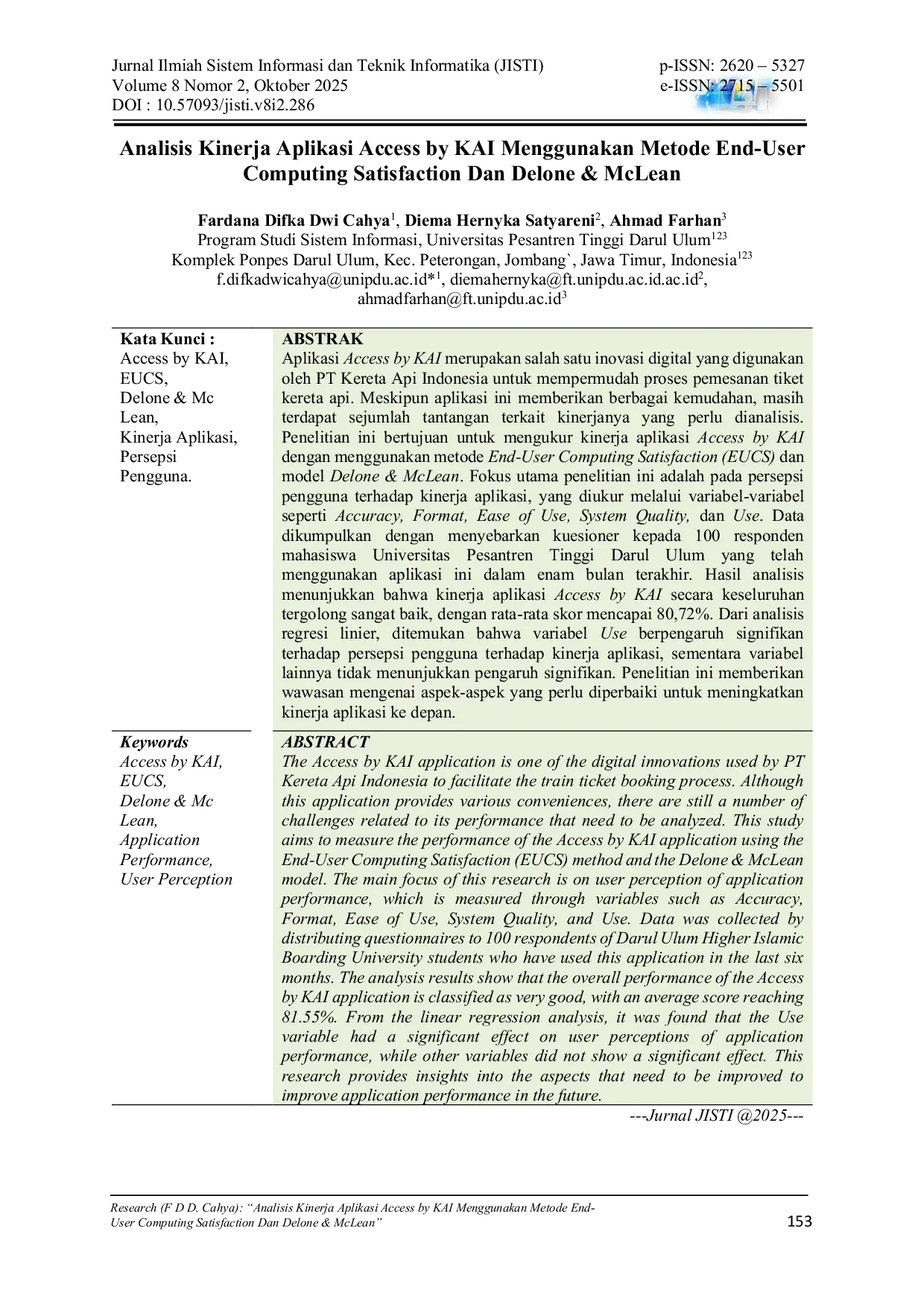 JURIS Analisis Kinerja Aplikasi Access by KAI Menggunakan Metode End User Computing Satisfaction Dan Delone McLean