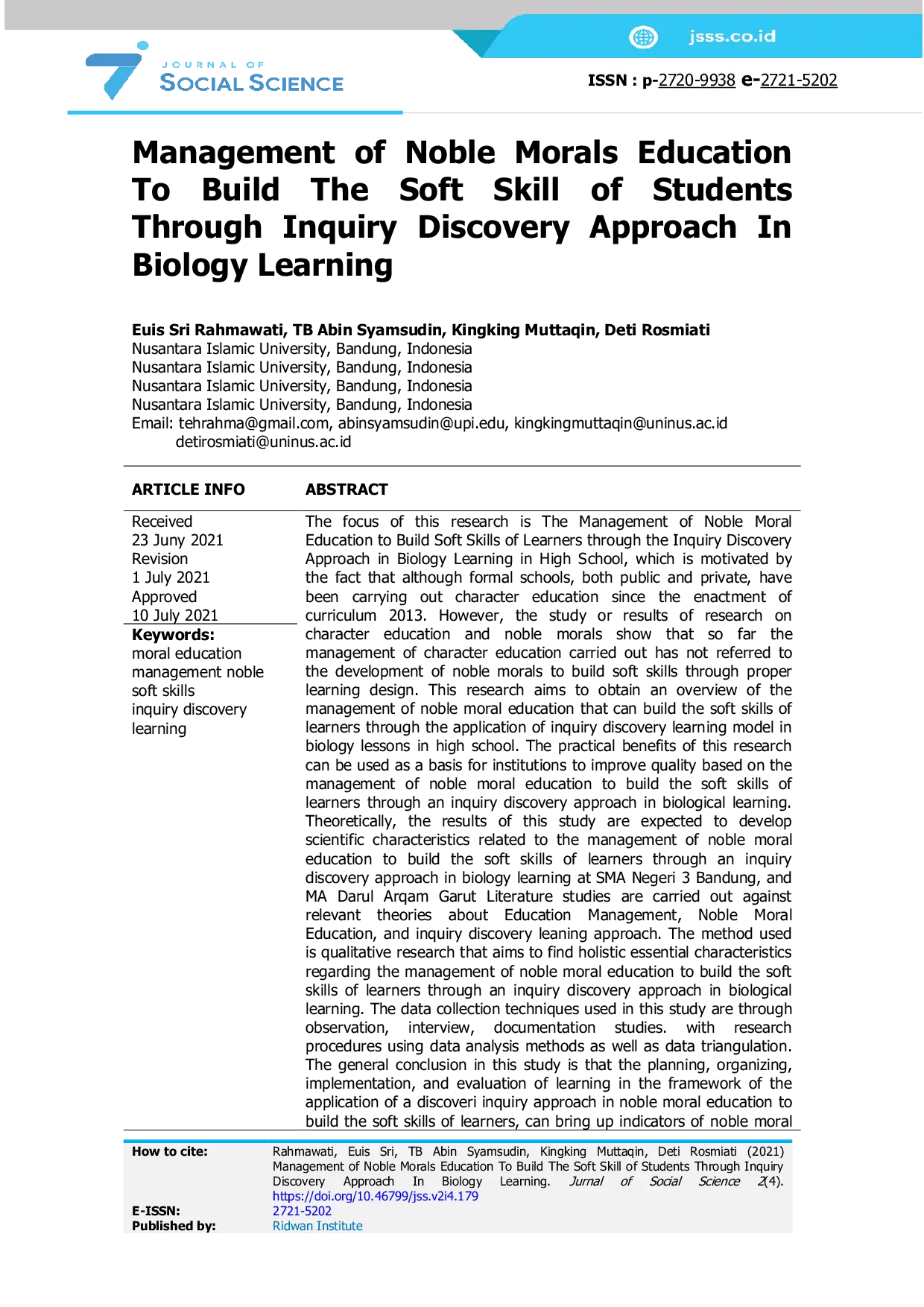 JURIS Management of Noble Morals Education To Build The Soft Skill of Students Through Inquiry Discovery Approach In Biology Learning