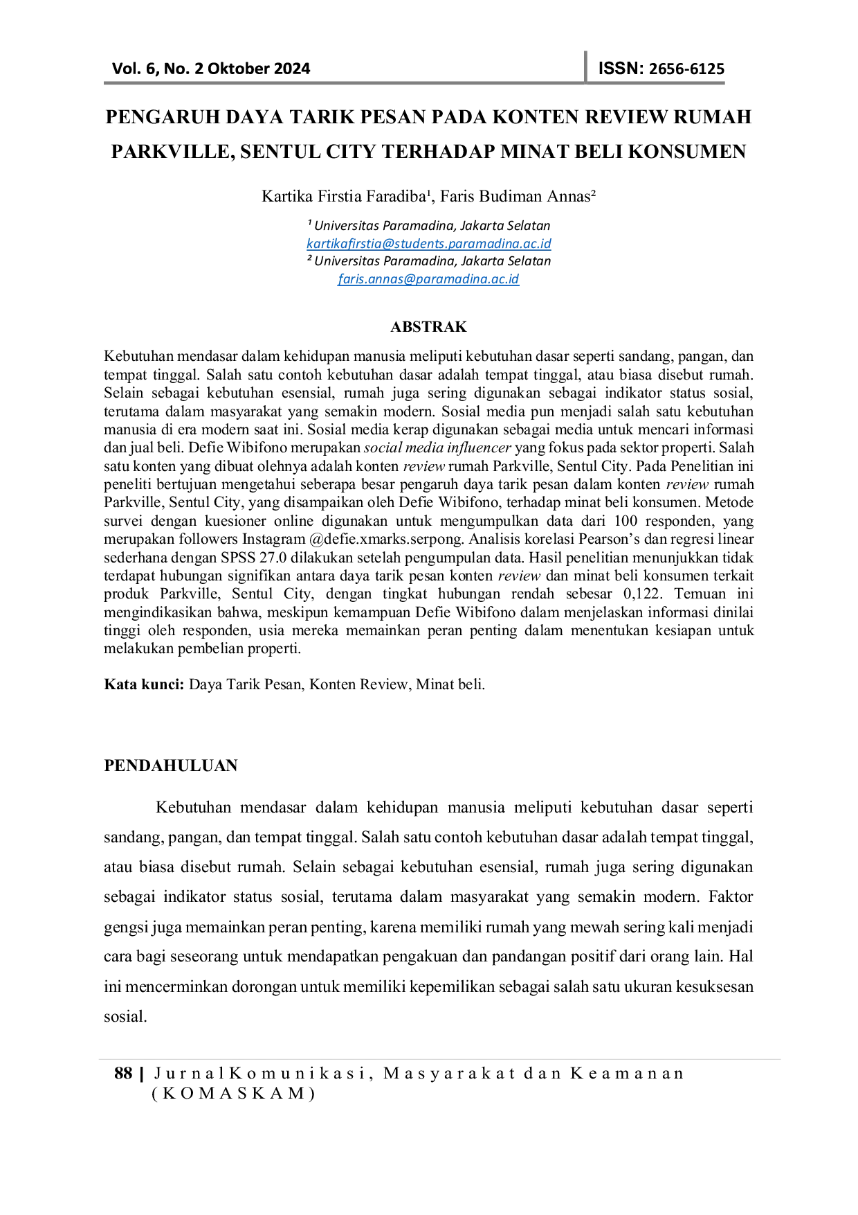 JURIS Pengaruh Daya Tarik Pesan Pada Konten Review Rumah Parkville Sentul City Terhadap Minat Beli Konsumen