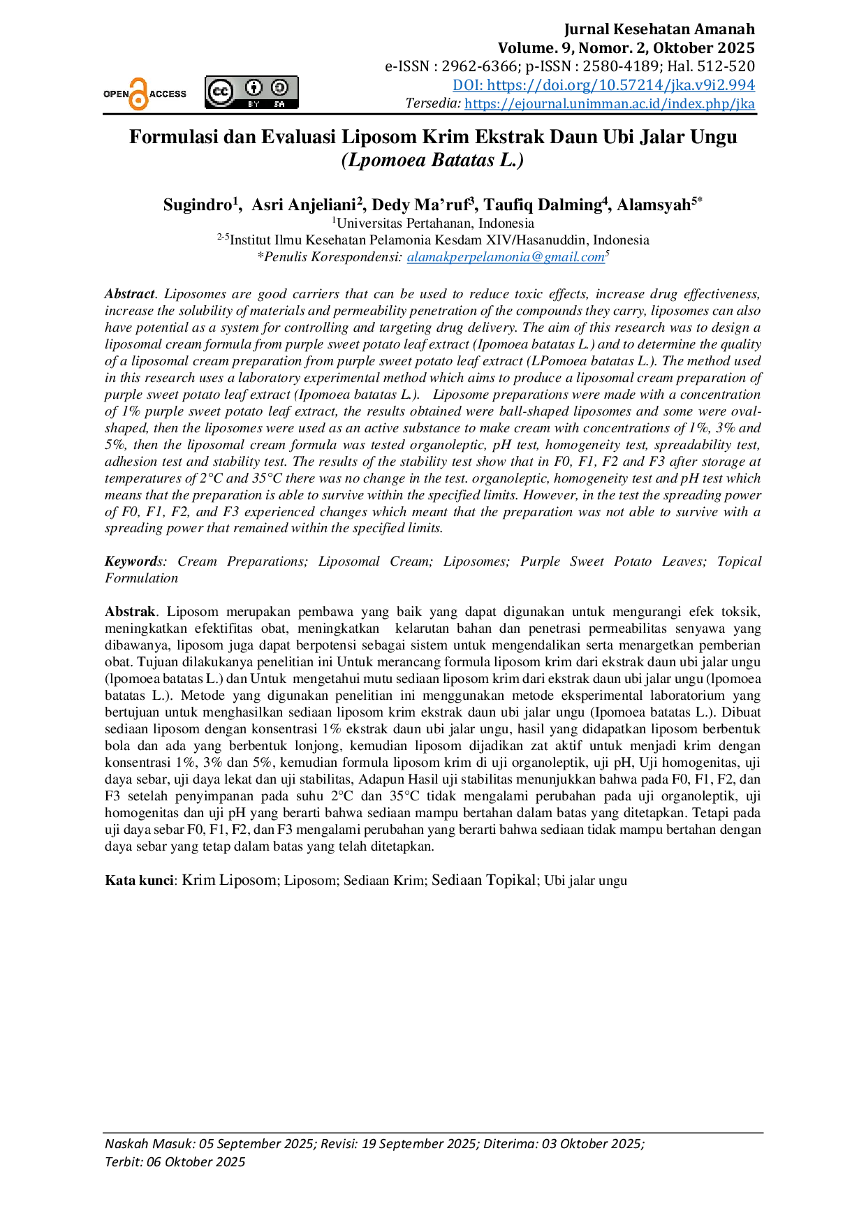 JURIS Formulasi dan Evaluasi Liposom Krim Ekstrak Daun Ubi Jalar Ungu Lpomoea Batatas L