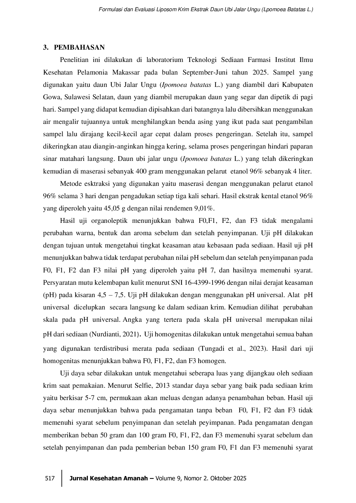 JURIS Formulasi dan Evaluasi Liposom Krim Ekstrak Daun Ubi Jalar Ungu Lpomoea Batatas L