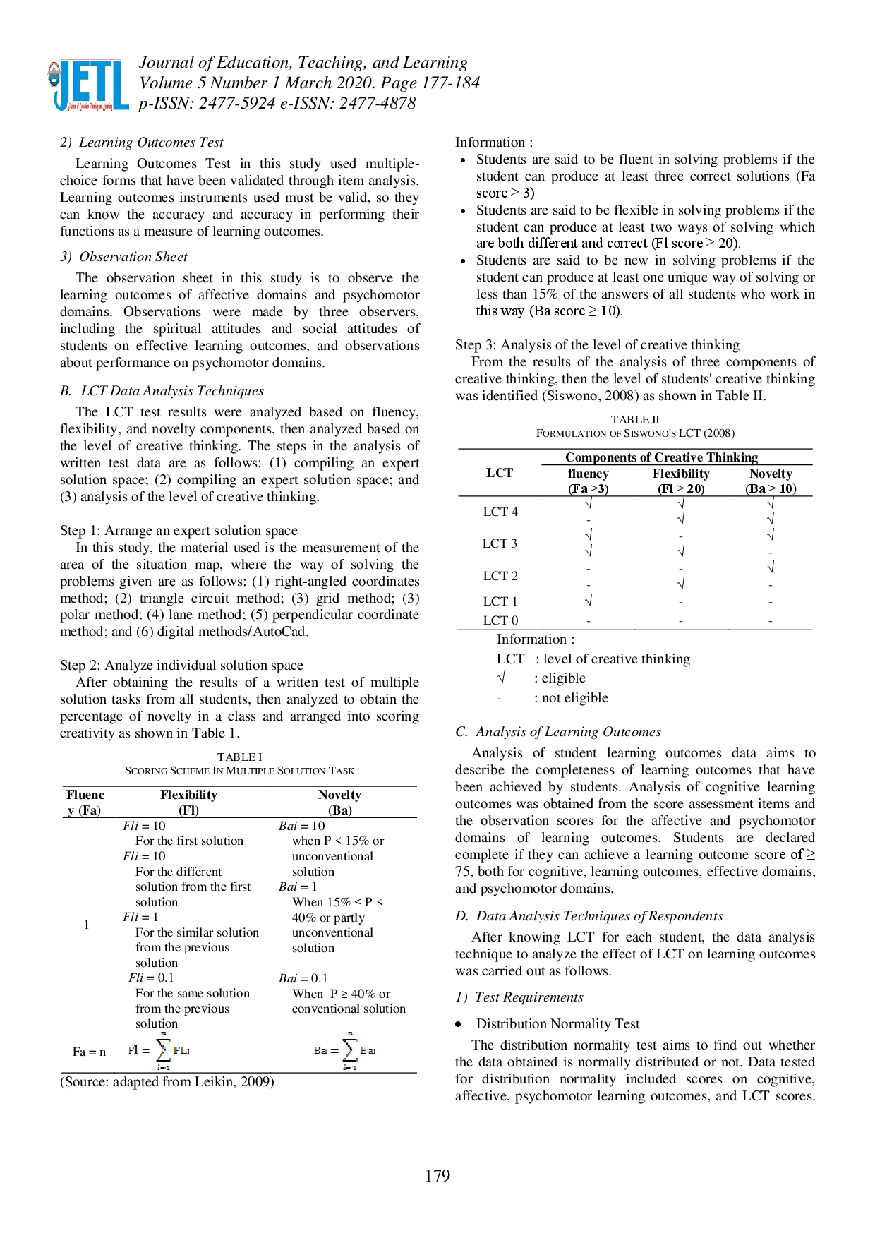 juris Level of Creative Thinking Effect Through Multiple Solution Task Type Problem Solving on Learning Outcomes
