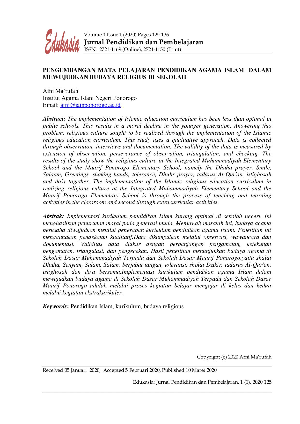 JURIS IMPLEMENTASI KURIKULUM MATA PELAJARAN PENDIDIKAN AGAMA ISLAM Upaya Mewujudkan Budaya Religius di Sekolah