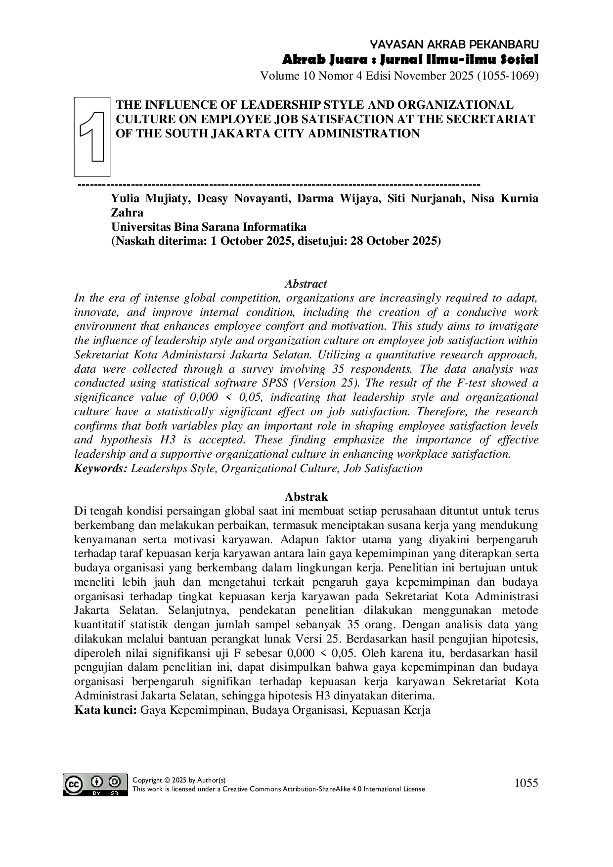 JURIS The Influence of Leadership Style and Organizational Culture on Employee Job Satisfaction at the Secretariat of the South Jakarta City Administration