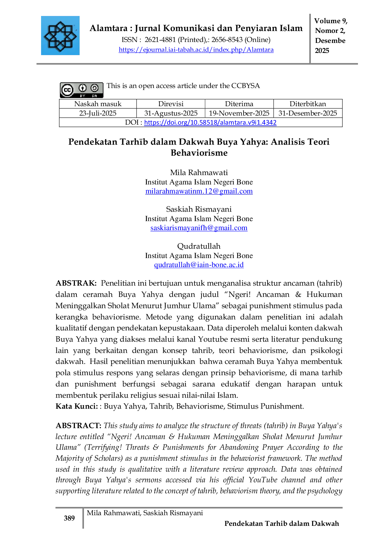 JURIS Pendekatan Tarhb dalam Dakwah Buya Yahya Analisis Teori Behaviorisme