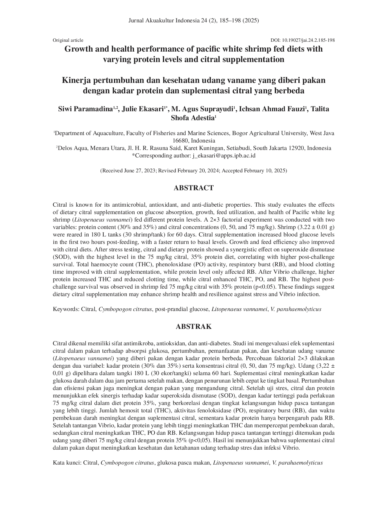 JURIS Growth and health performance of pacific white shrimp fed diets with varying protein levels and citral supplementation