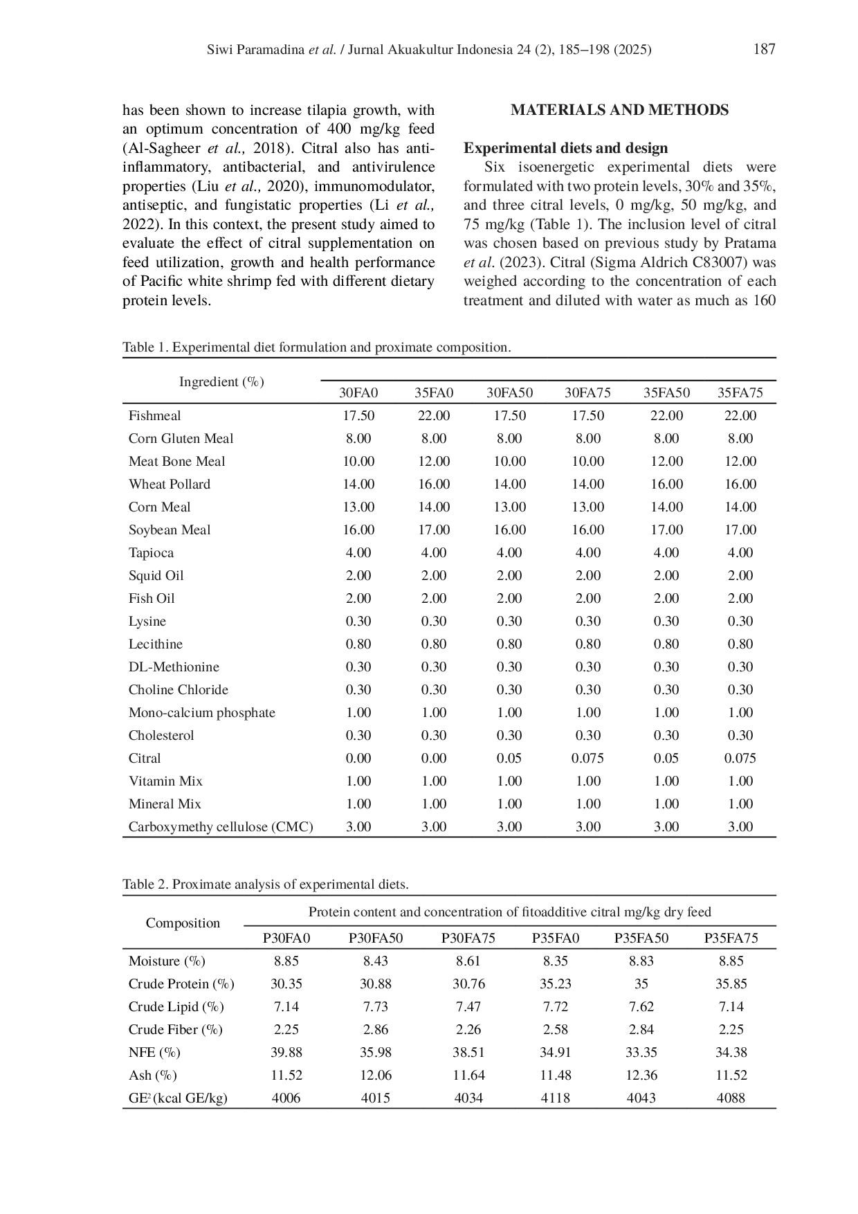 JURIS Growth and health performance of pacific white shrimp fed diets with varying protein levels and citral supplementation