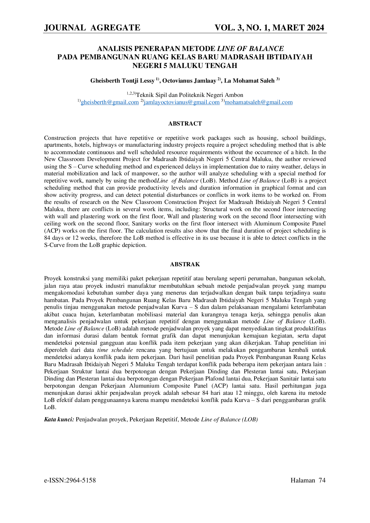 JURIS Analisis Penerapan Metode Line Of Balance Pada Pembangunan Ruang Kelas Baru Madrasah Ibtidaiyah Negeri 5 Maluku Tengah