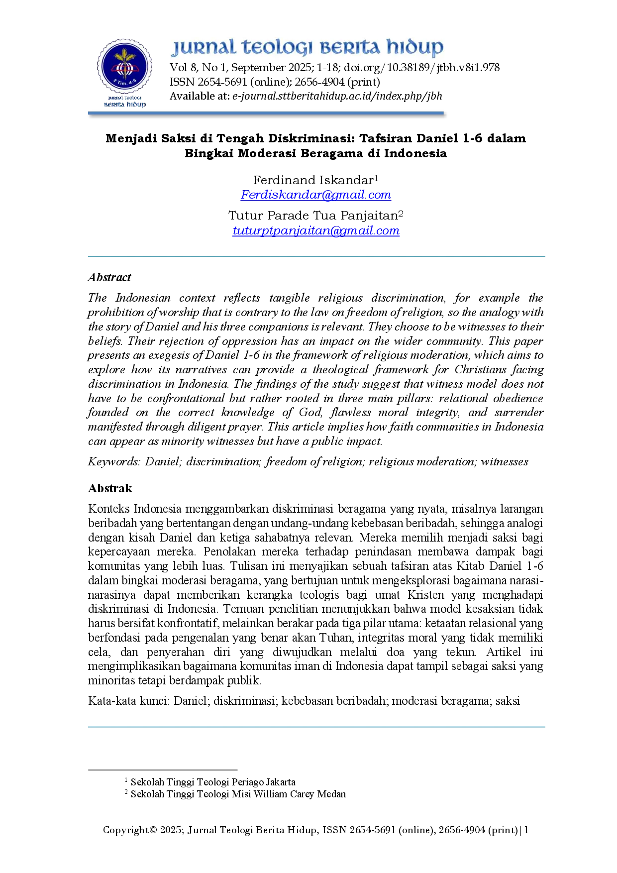 JURIS Menjadi Saksi di Tengah Diskriminasi Tafsiran Daniel 1 6 dalam Bingkai Moderasi Beragama di Indonesia