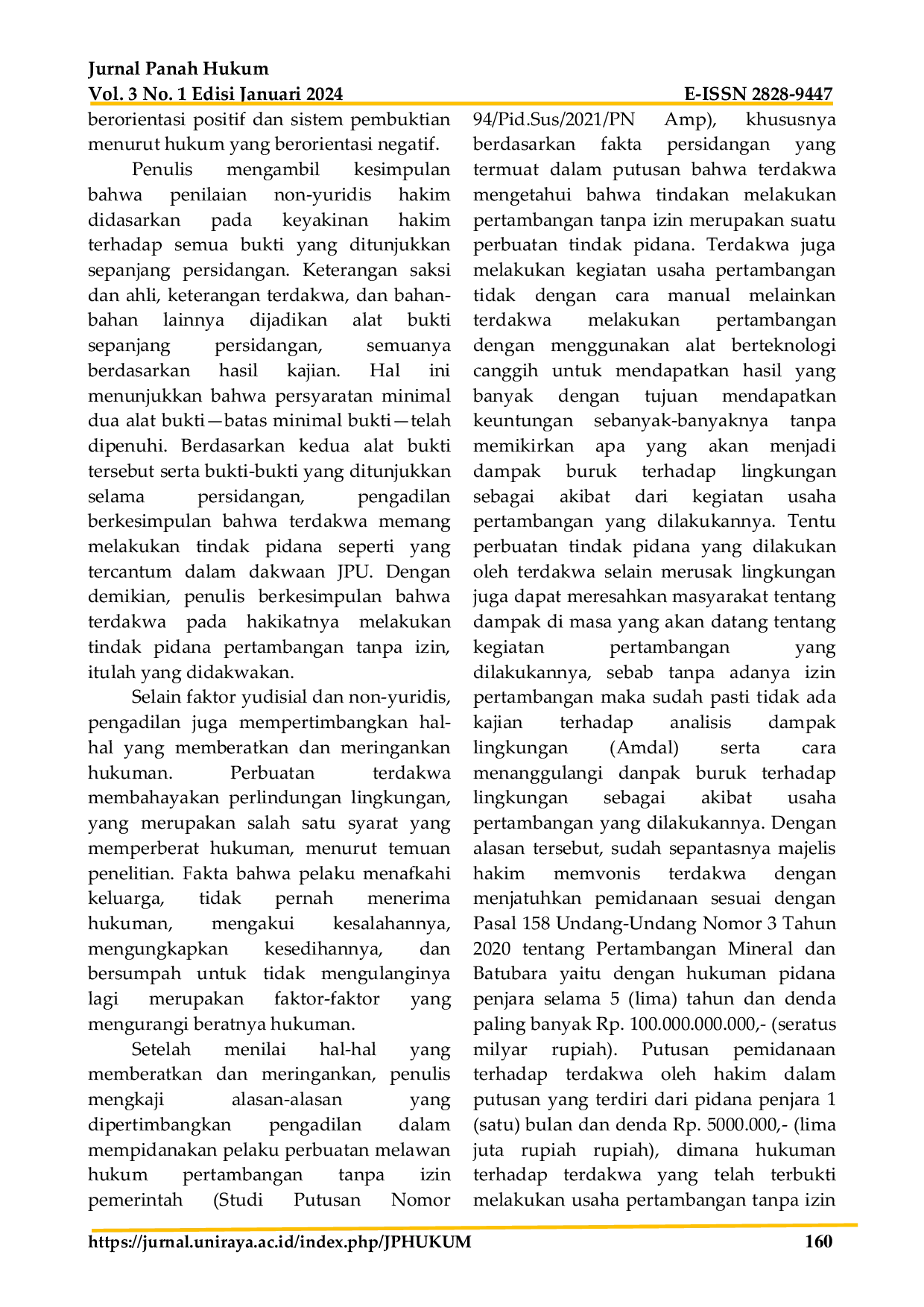 JURIS Pertimbangan Hakim Dalam Pemidanaan Pelaku Tindak Pidana Penambangan Tanpa Izin Dari Pemerintah