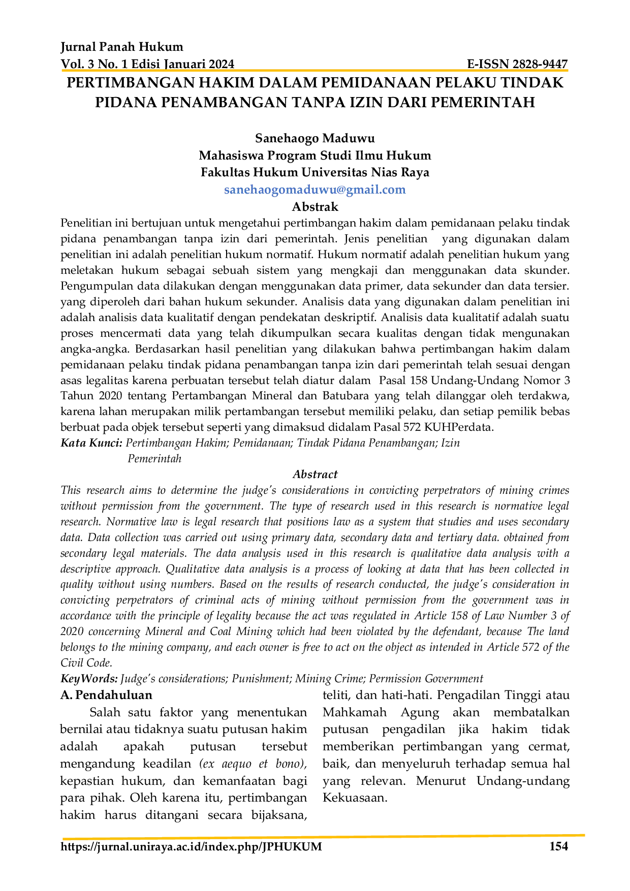 JURIS Pertimbangan Hakim Dalam Pemidanaan Pelaku Tindak Pidana Penambangan Tanpa Izin Dari Pemerintah