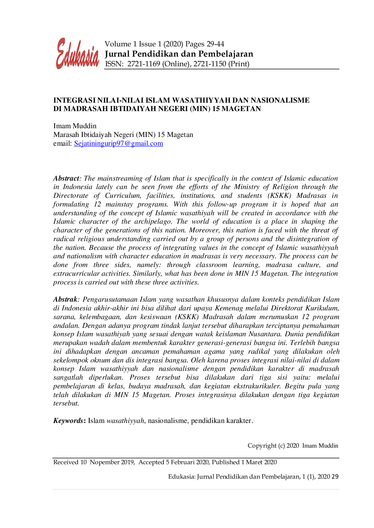JURIS Integrasi Nilai Nilai Islam Wasathiyah Dan Nasionalisme di Madrasah Ibtidaiyah Negeri MIN 15 Magetan