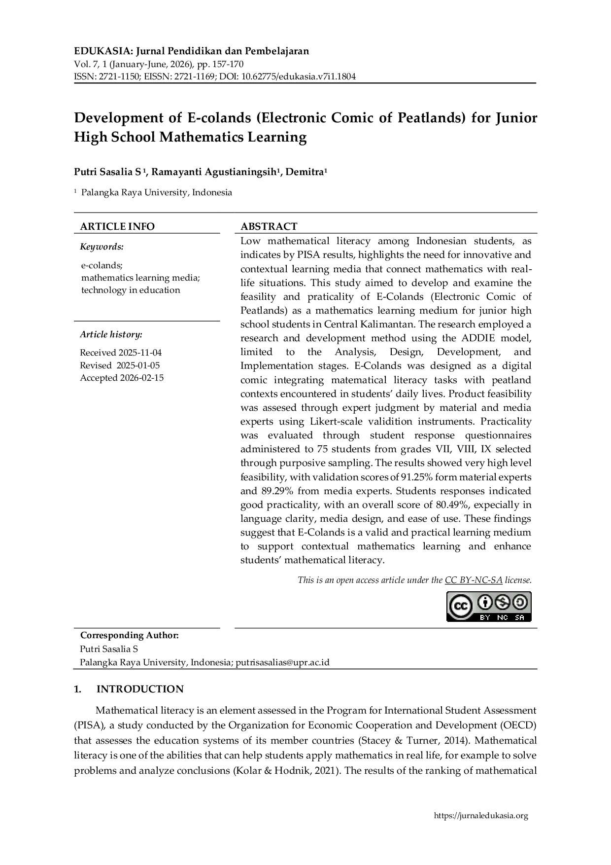 JURIS Development of E colands Electronic Comic of Peatlands for Junior High School Mathematics Learning