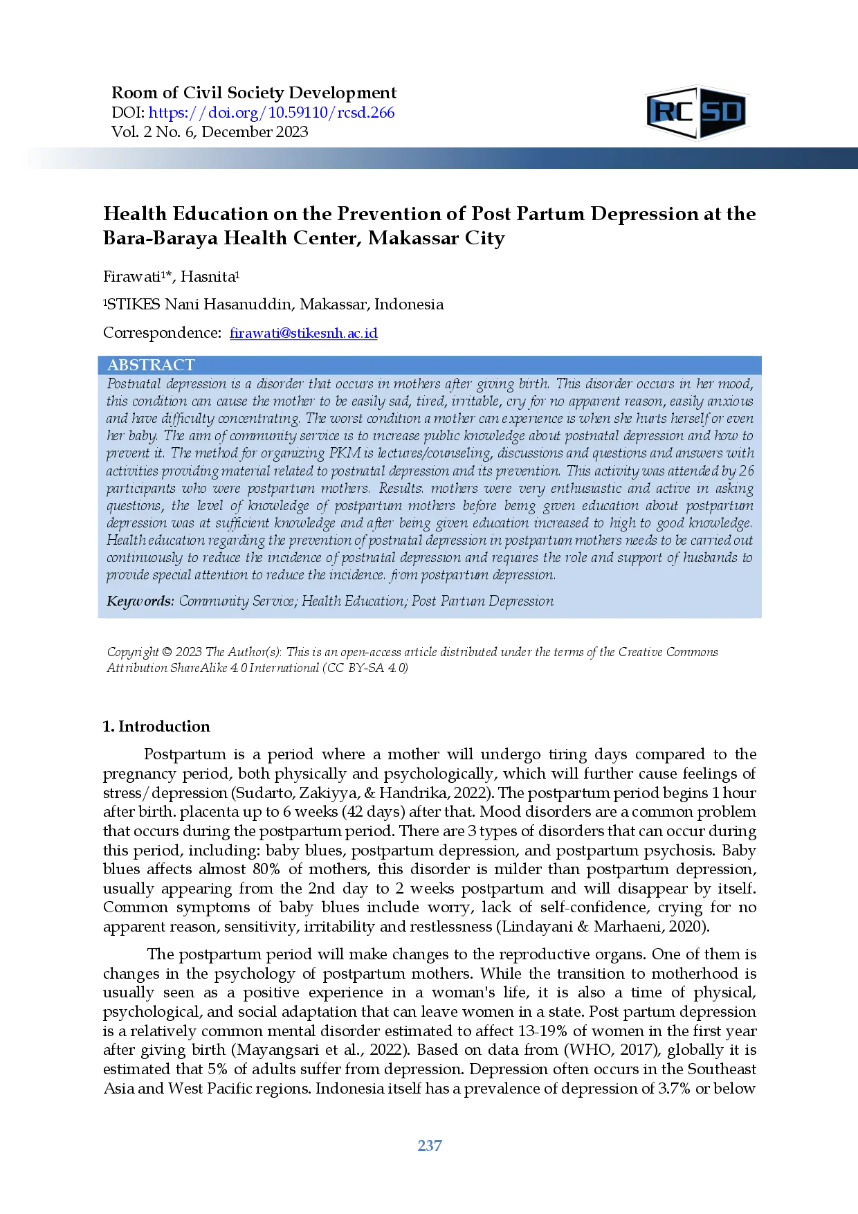 juris Health Education on the Prevention of Post Partum Depression at the Bara Baraya Health Center Makassar City
