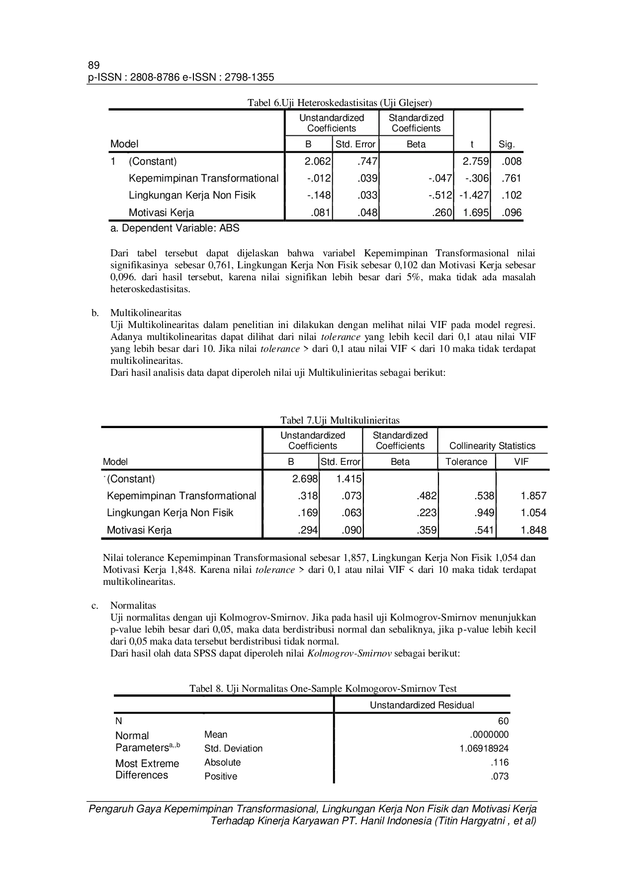 JURIS Pengaruh Gaya Kepemimpinan Transformasional Lingkungan Kerja Non Fisik dan Motivasi Kerja Terhadap Kinerja Karyawan PT Hanil Indonesia