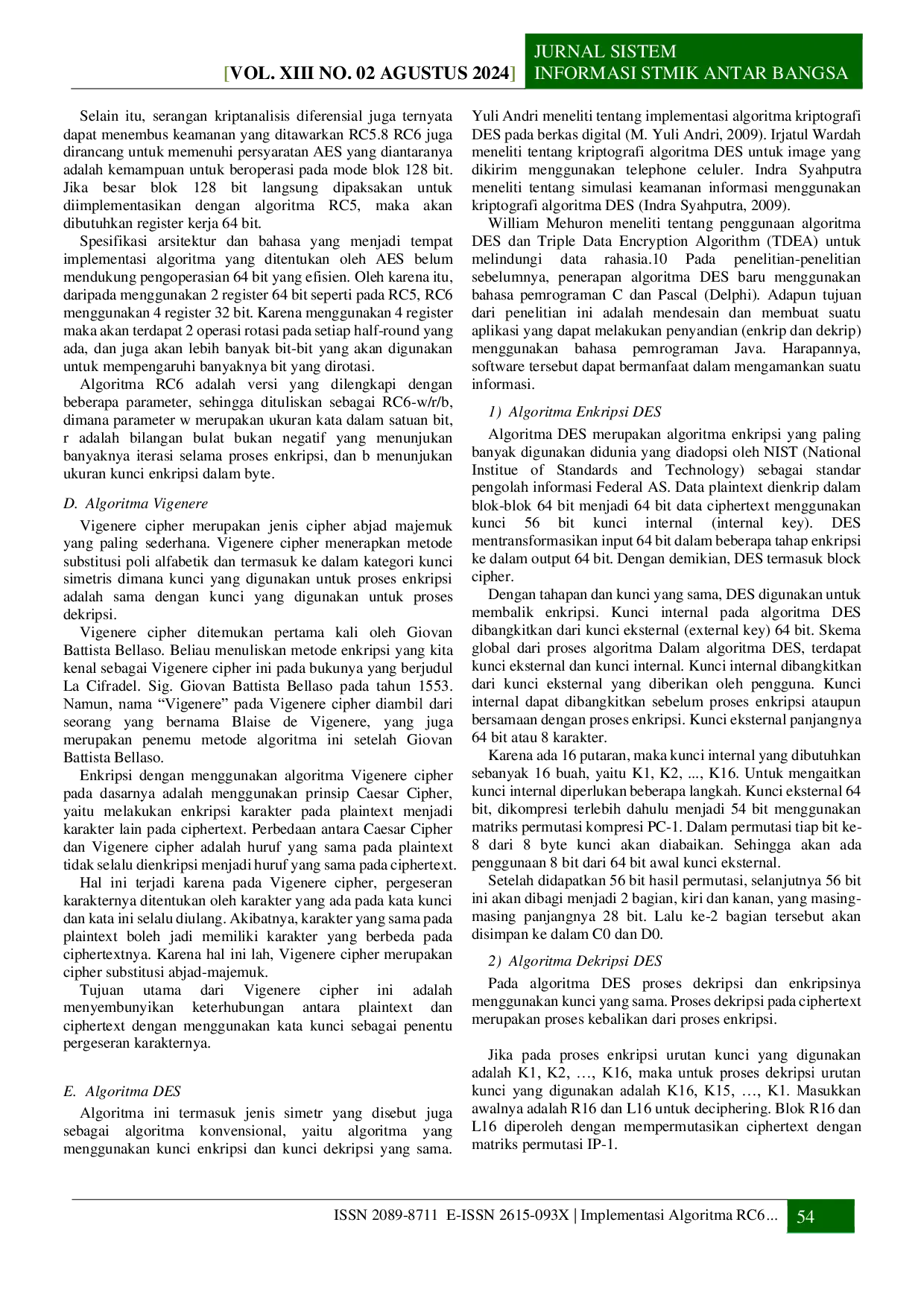 JURIS Implementasi Algoritma RC6 Vigenere DES pada Email PT Cipta Rasa Multindo