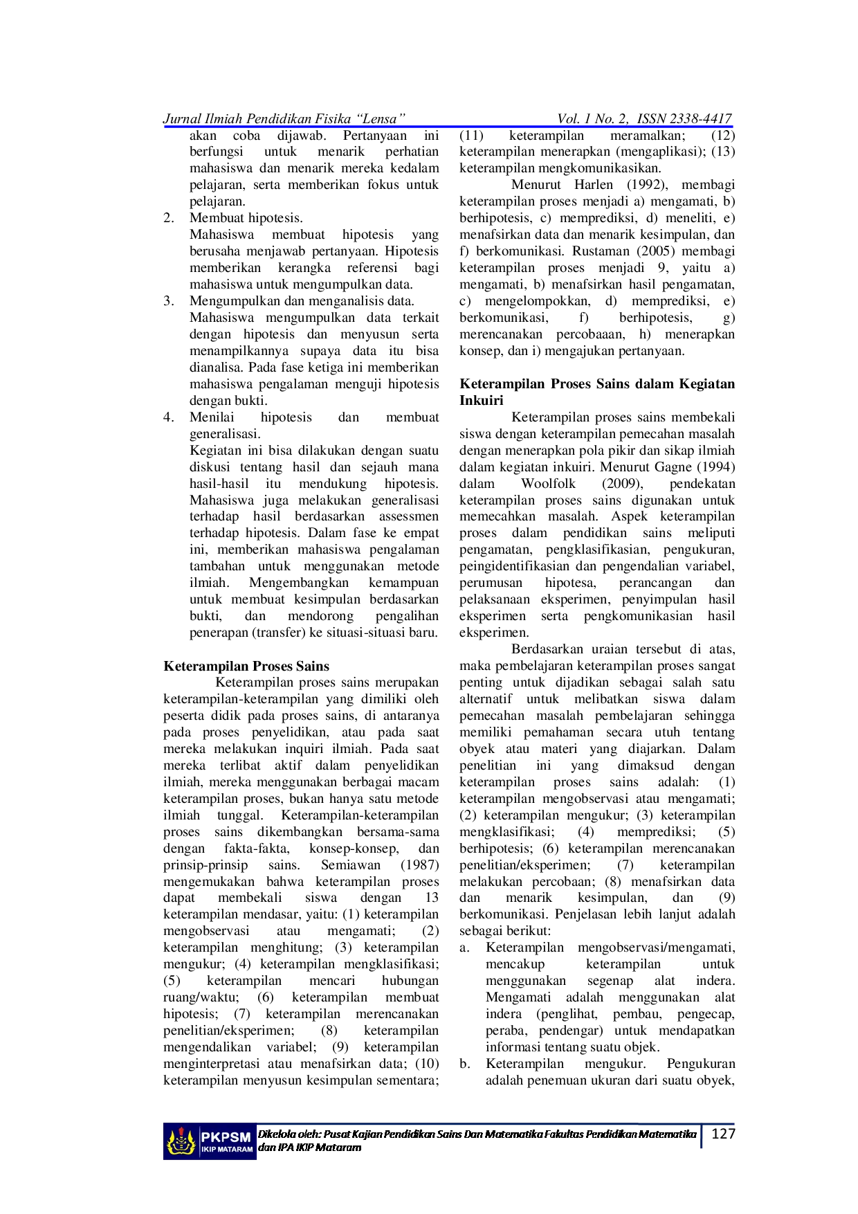 JURIS Meningkatkan Keterampilan Proses Sains Mahasiswa Melalui Pengembangan Program Pembelajaran Fisika Menggunakan Model Inkuiri