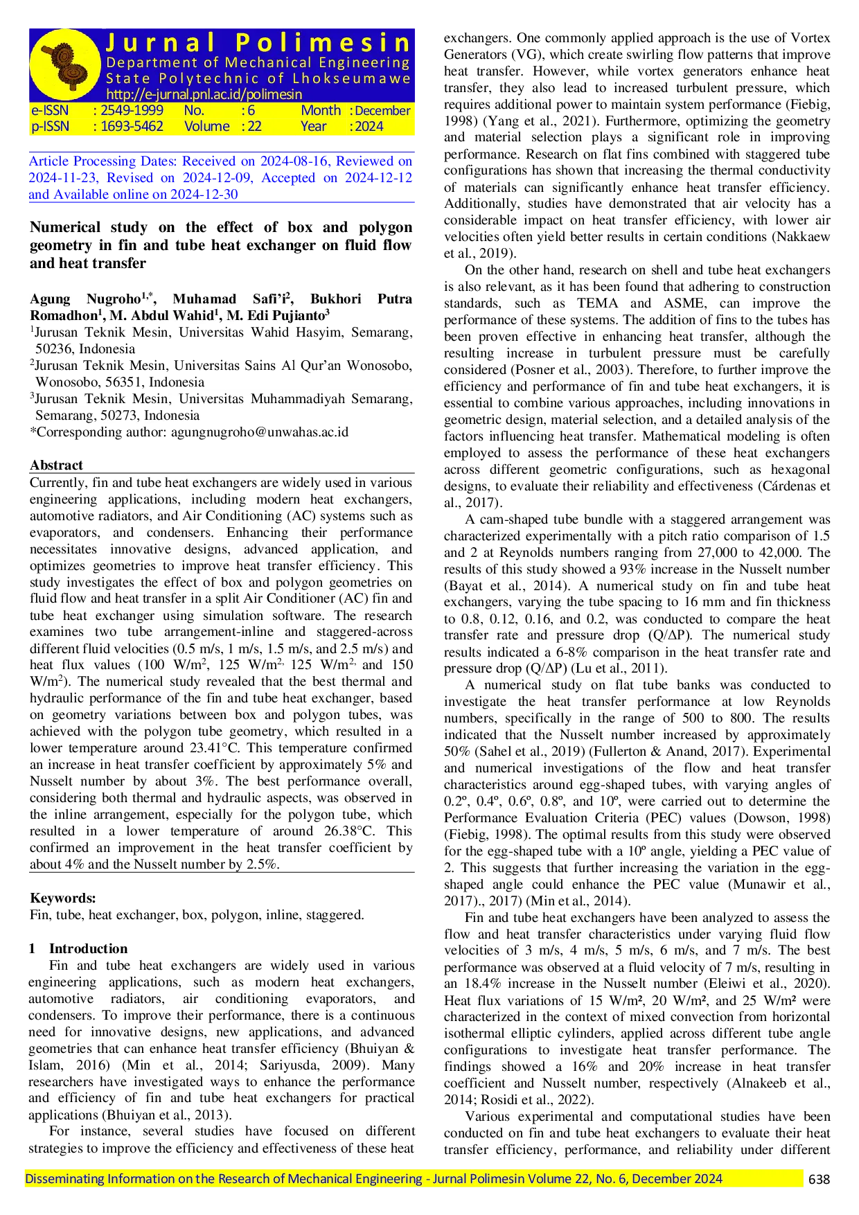 JURIS Numerical study on the effect of box and polygon geometry in fin and tube heat exchanger on fluid flow and heat transfer