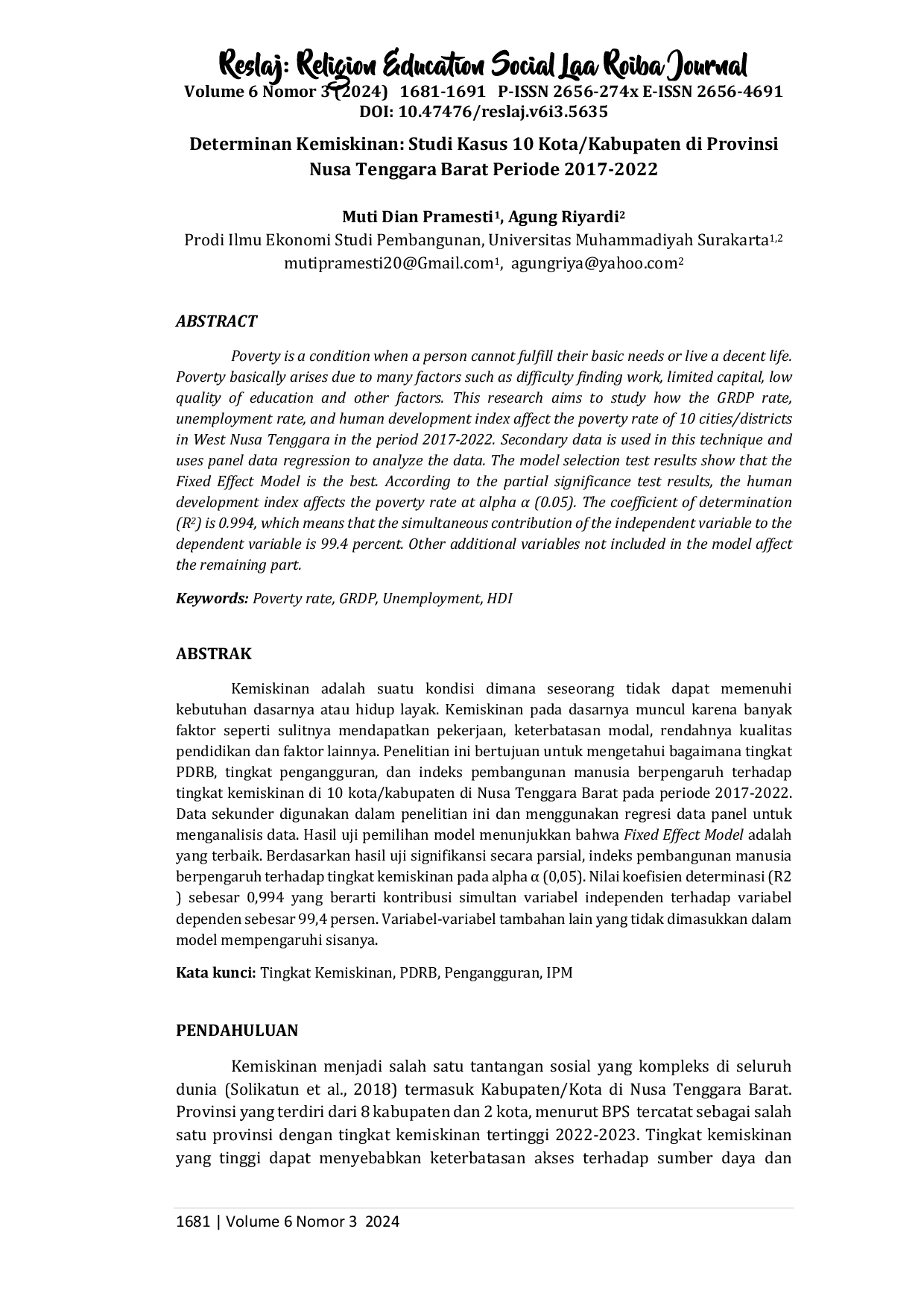 JURIS Determinan Kemiskinan Studi Kasus 10 Kota Kabupaten di Provinsi Nusa Tenggara Barat Periode 2017 2022