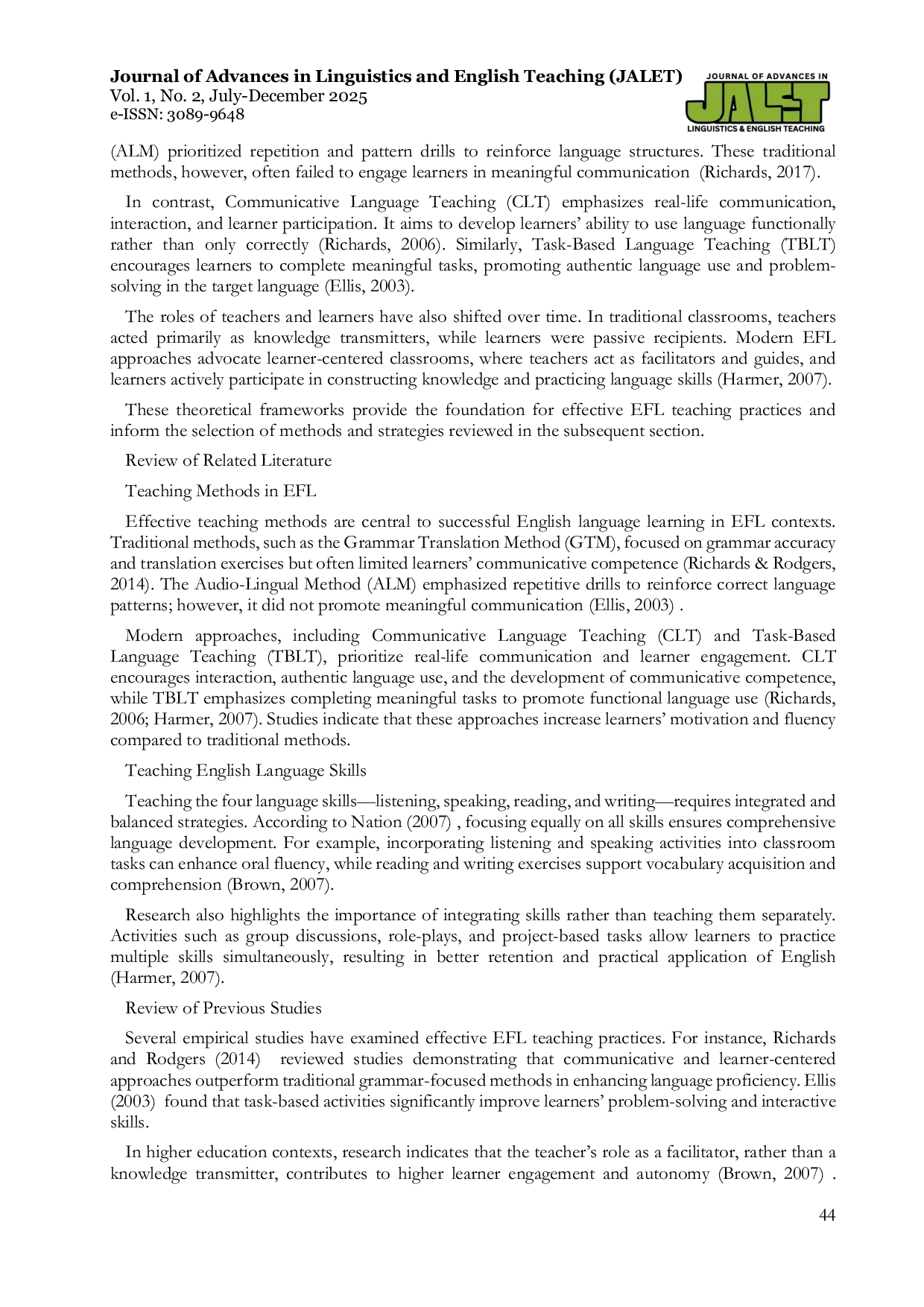 JURIS Teaching English Language in English as a Foreign Language EFL Contexts A Review Study
