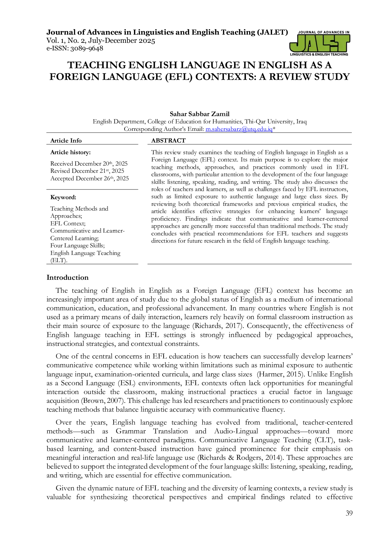 JURIS Teaching English Language in English as a Foreign Language EFL Contexts A Review Study