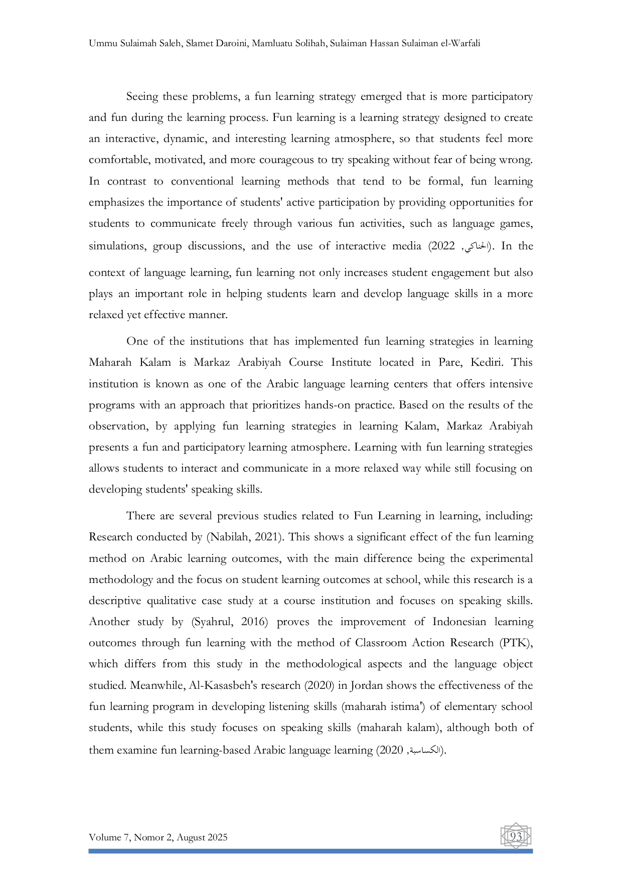 JURIS Fun Learning Strategy In Learning Maharah Kalam At Markaz Arabiyah