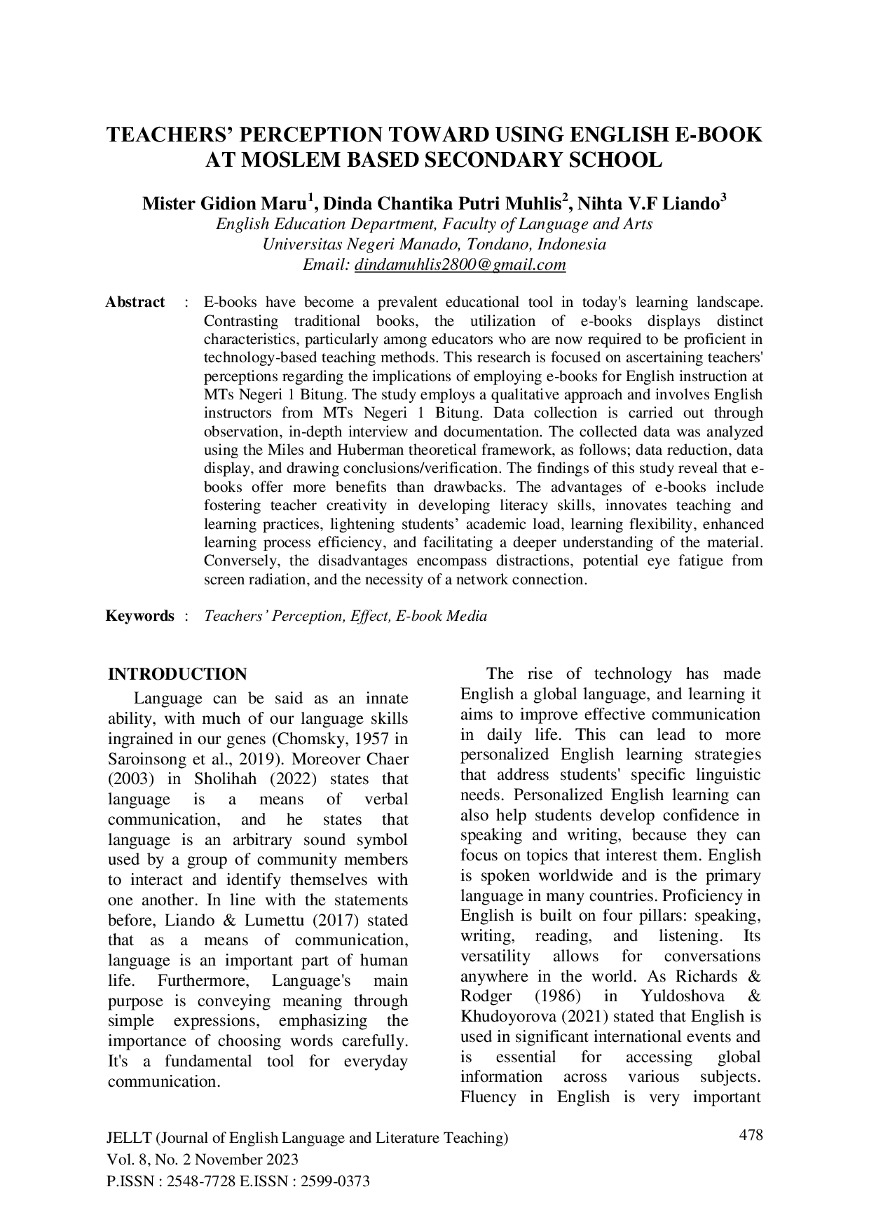 JURIS Teachers Perception Toward Using English E book at Moslem Based Secondary School