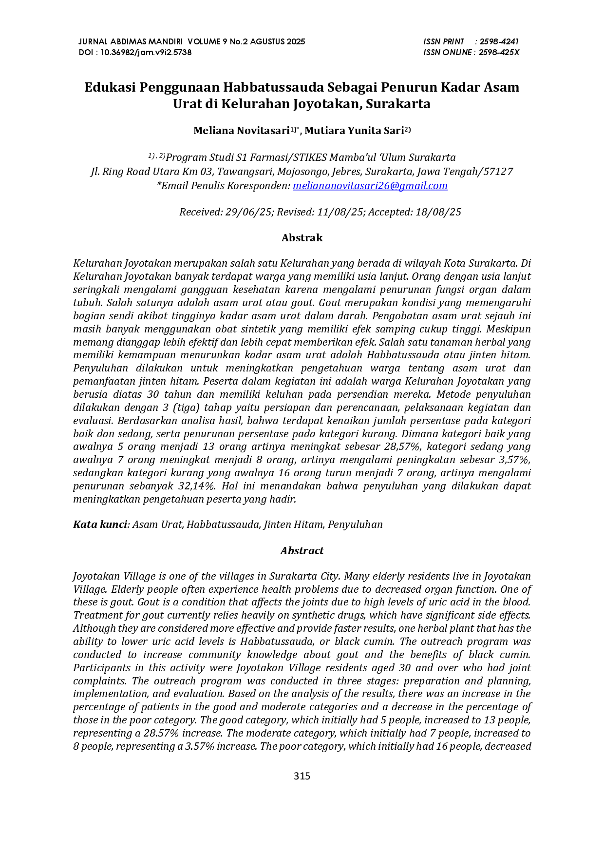 juris Pemeriksaan Asam Urat Gratis dan Edukasi Penggunaan Habbatusauda Sebagai Penurun Kadar Asam Urat di Kelurahan Joyotakan Surakarta