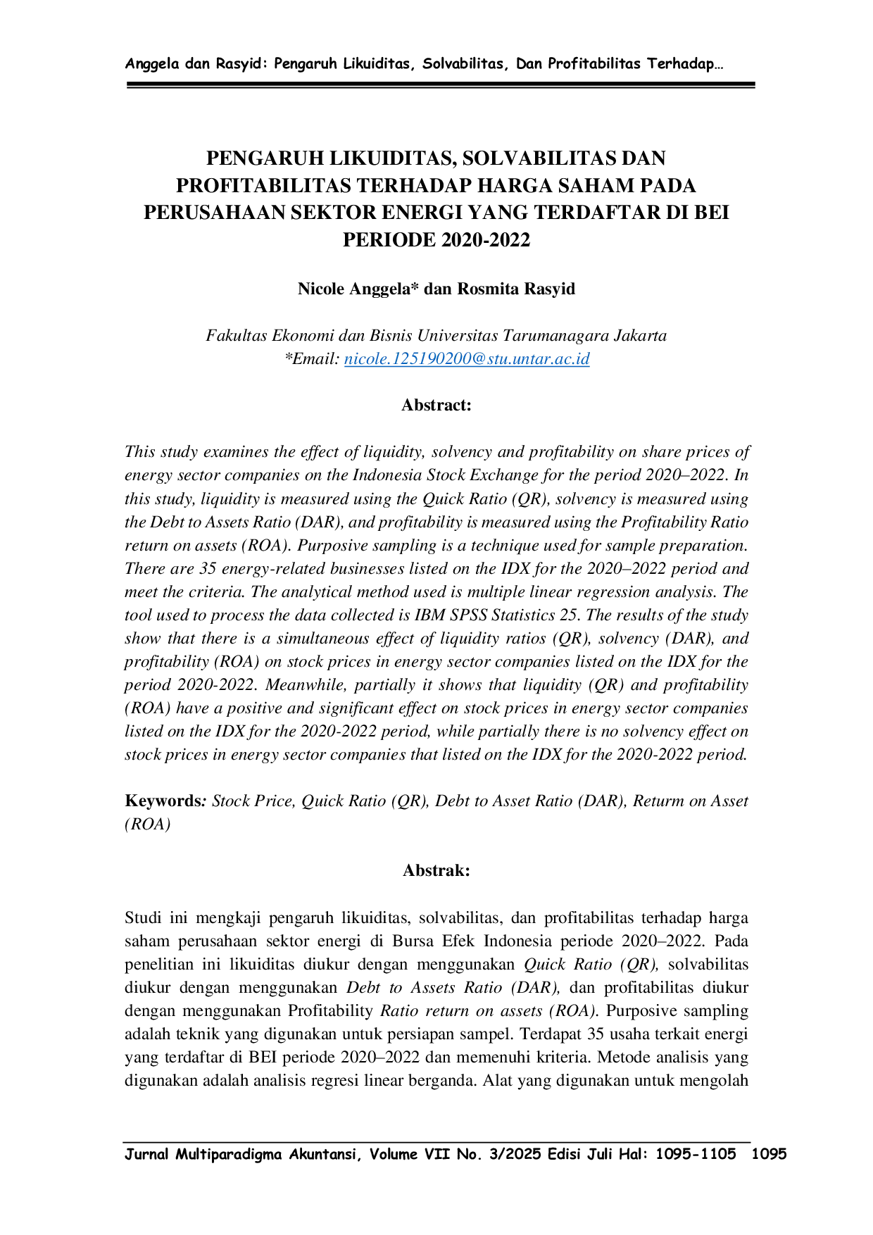 JURIS Pengaruh Likuiditas Solvabilitas Dan Profitabilitas Terhadap Harga Saham Pada Perusahaan Sektor Energi Yang Terdaftar Di Bei Periode 2020 2022